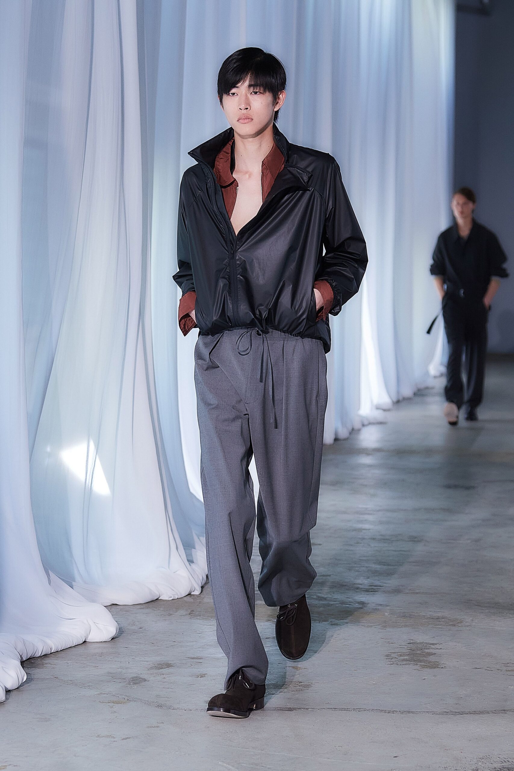 black silk shirt gray tailored pants