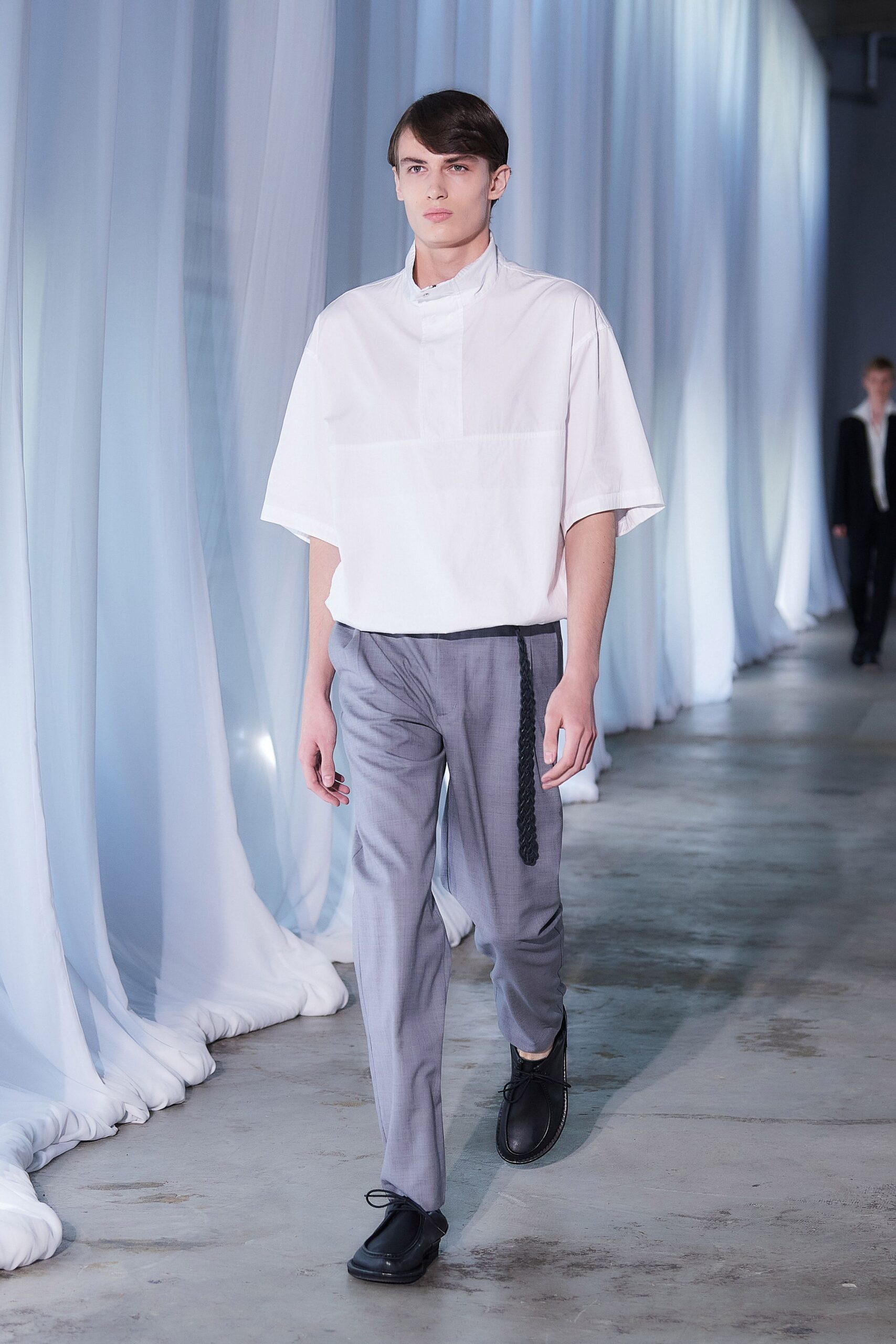 white relaxed shirt gray tailored pants