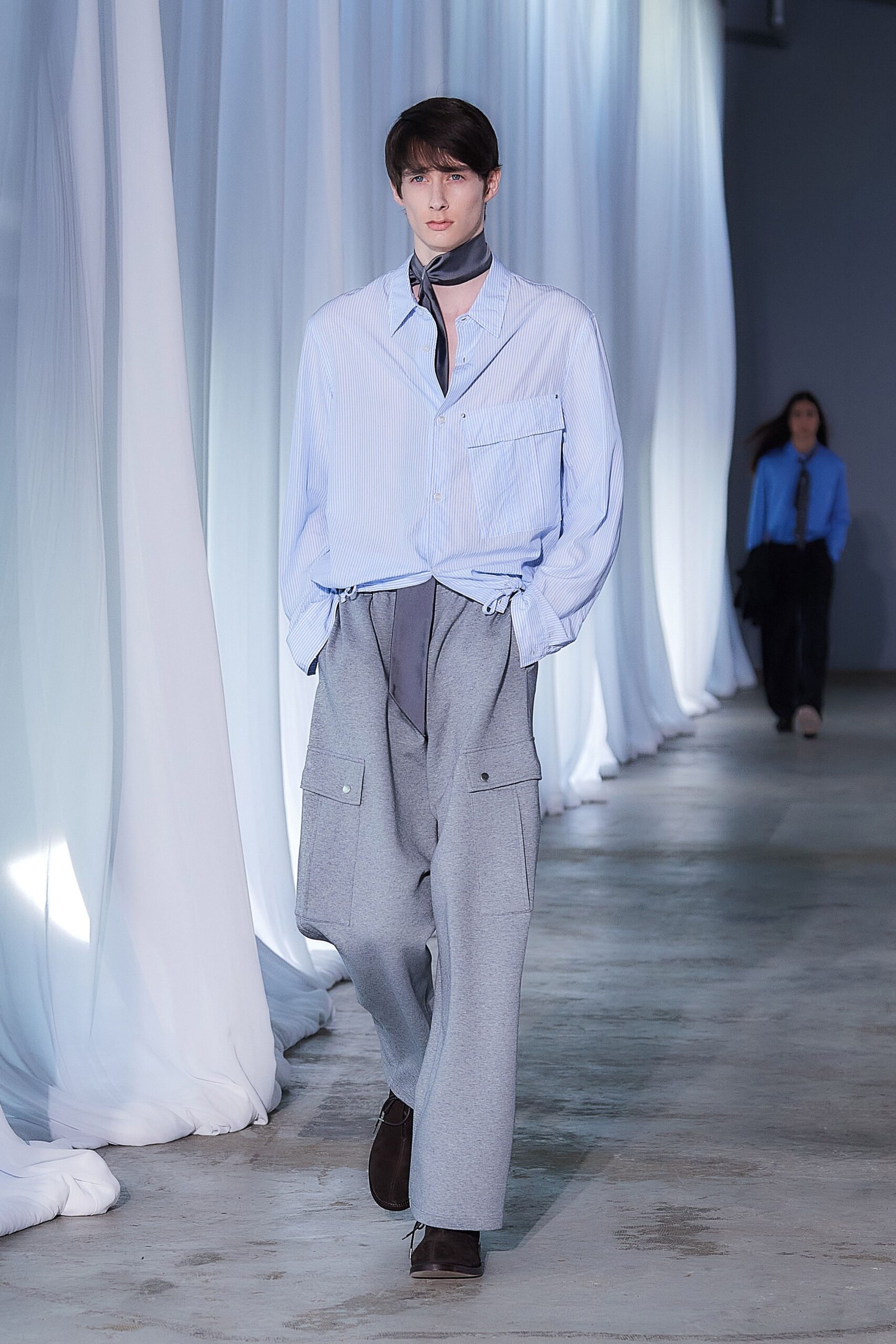 blue striped shirt gray pants