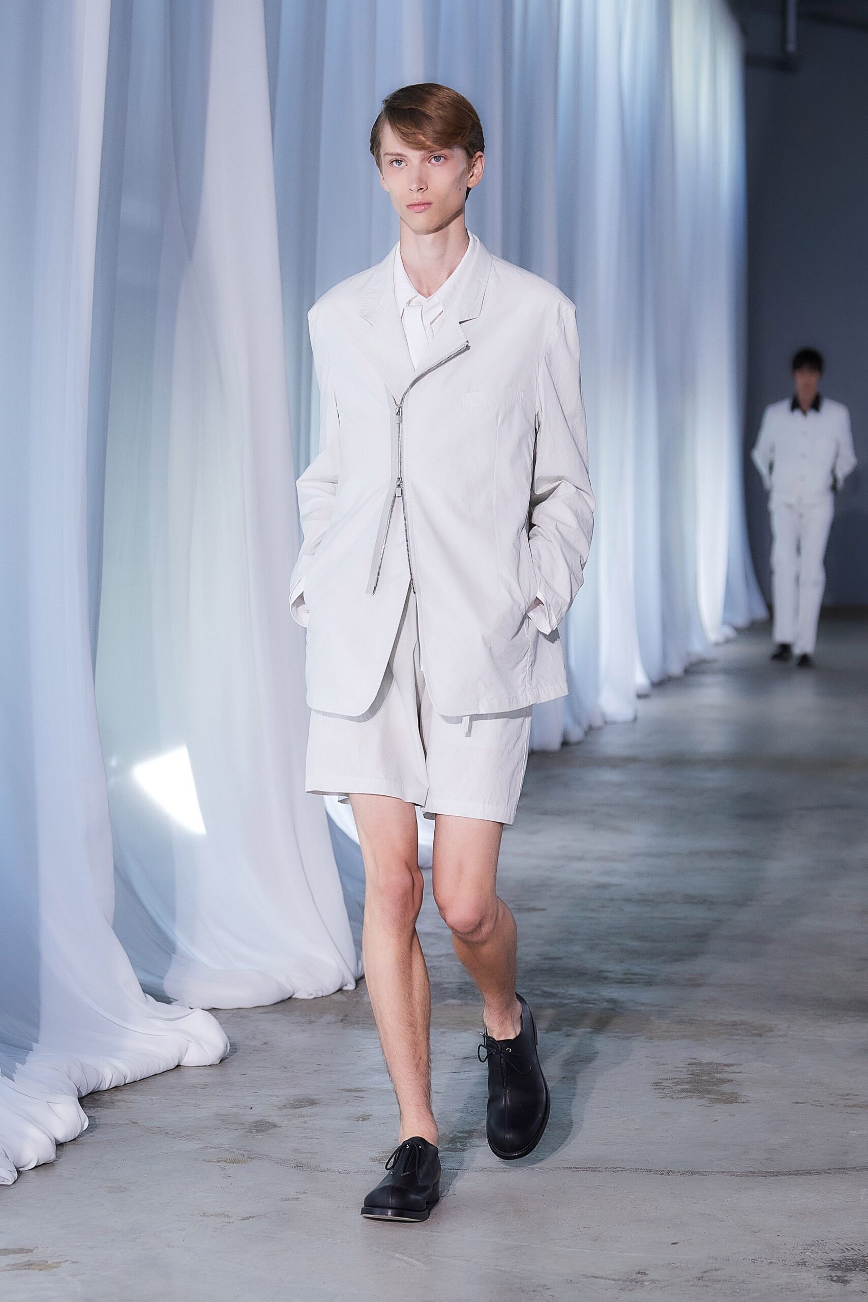 white relaxed blazer and shorts