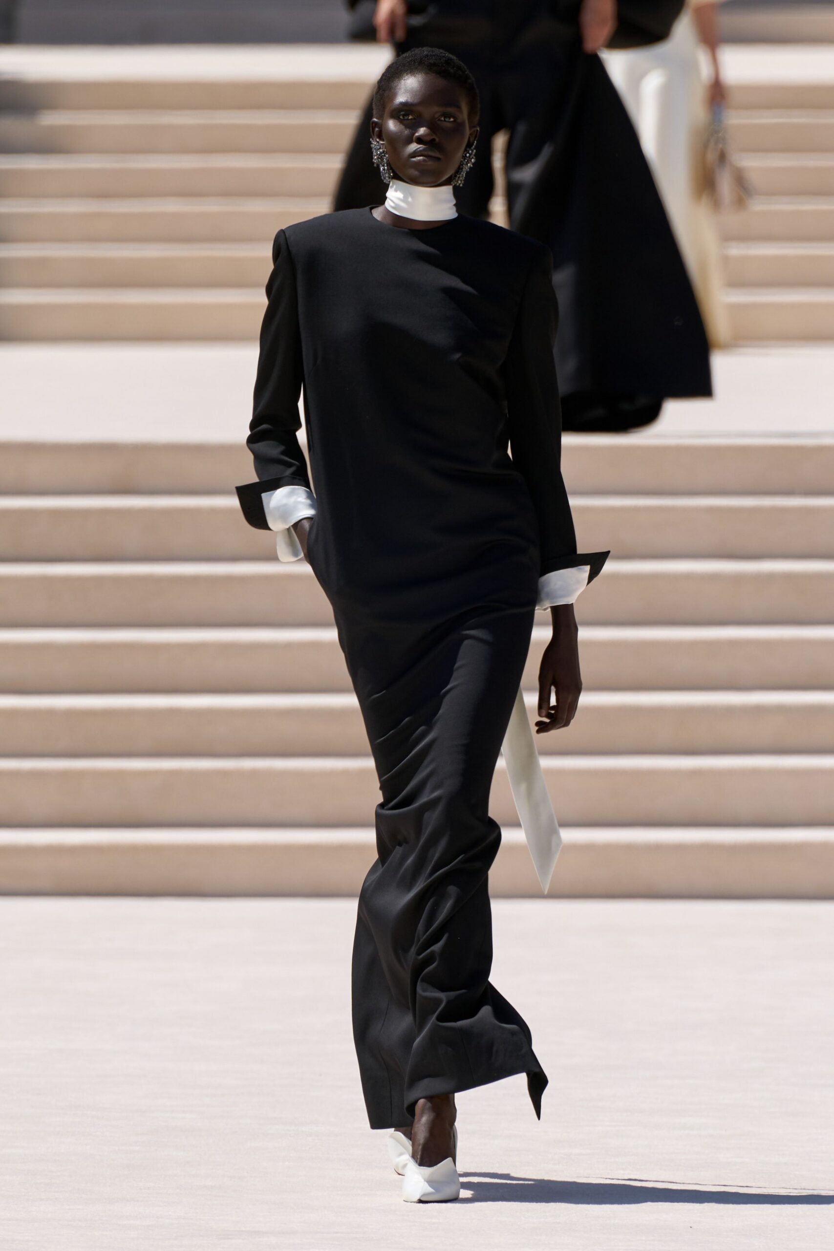 black silk long-sleeve high-neck fitted draped maxi gown