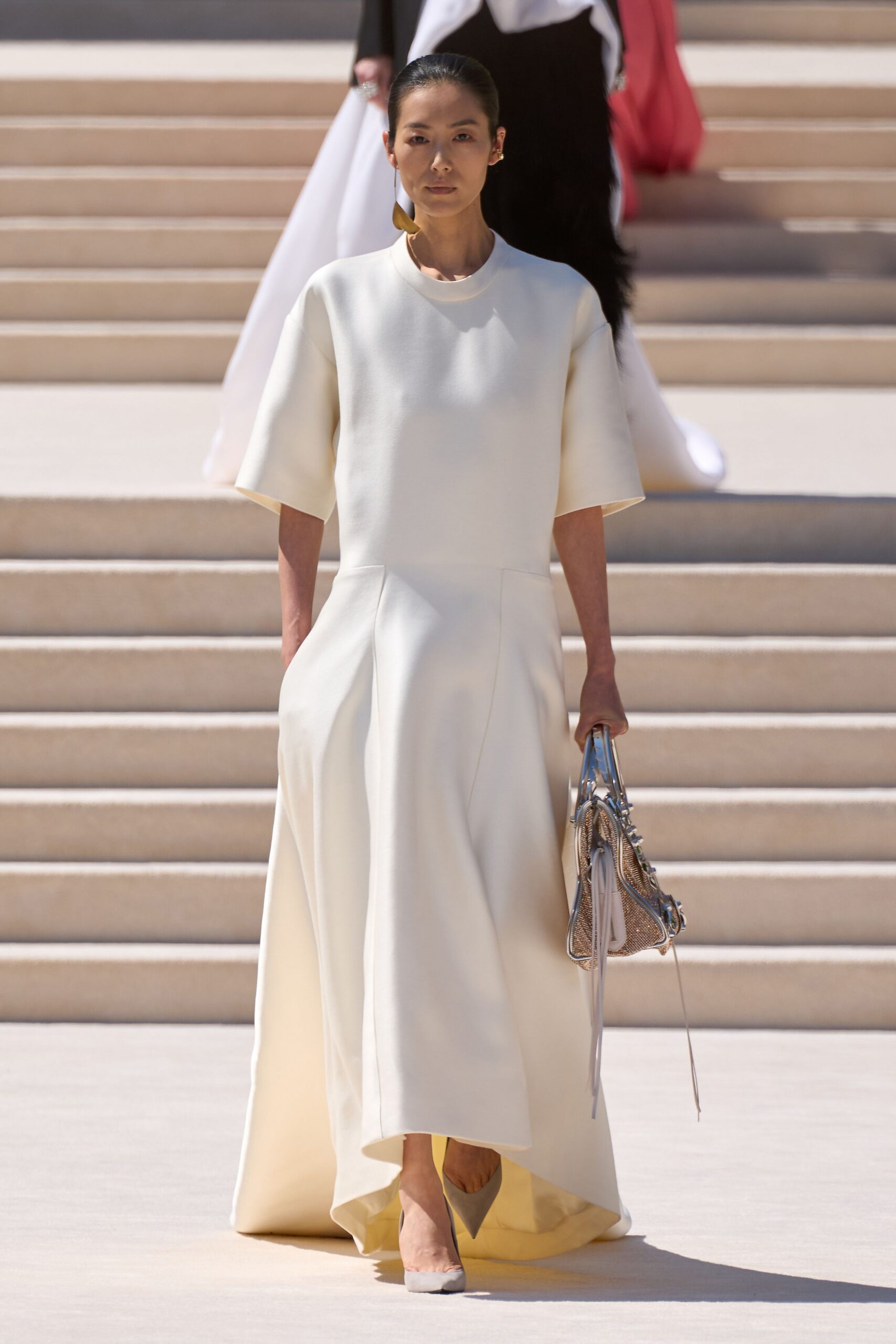 white cotton short-sleeve high-neck relaxed pleated a-line dress
