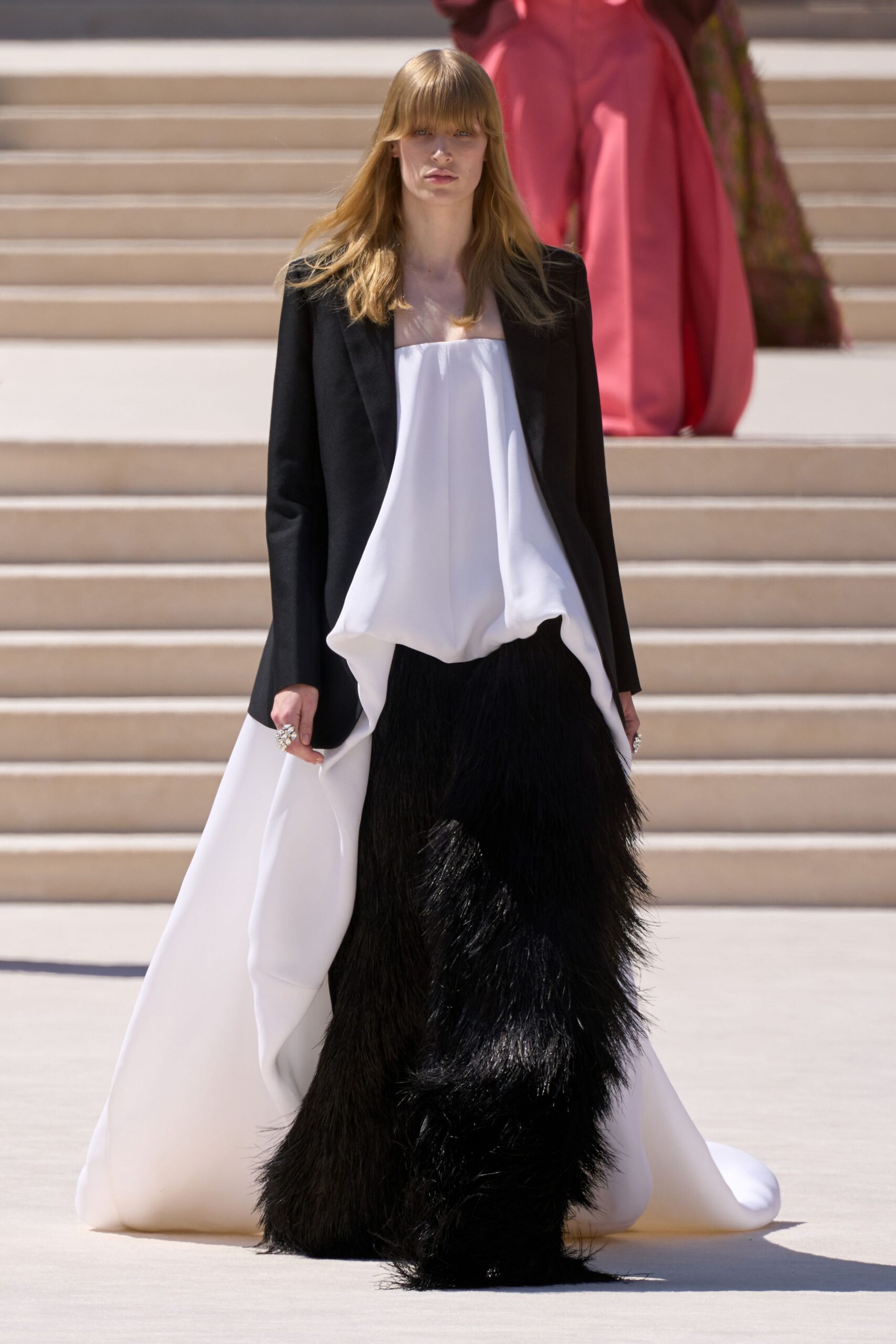 black fur fitted layered maxi skirt