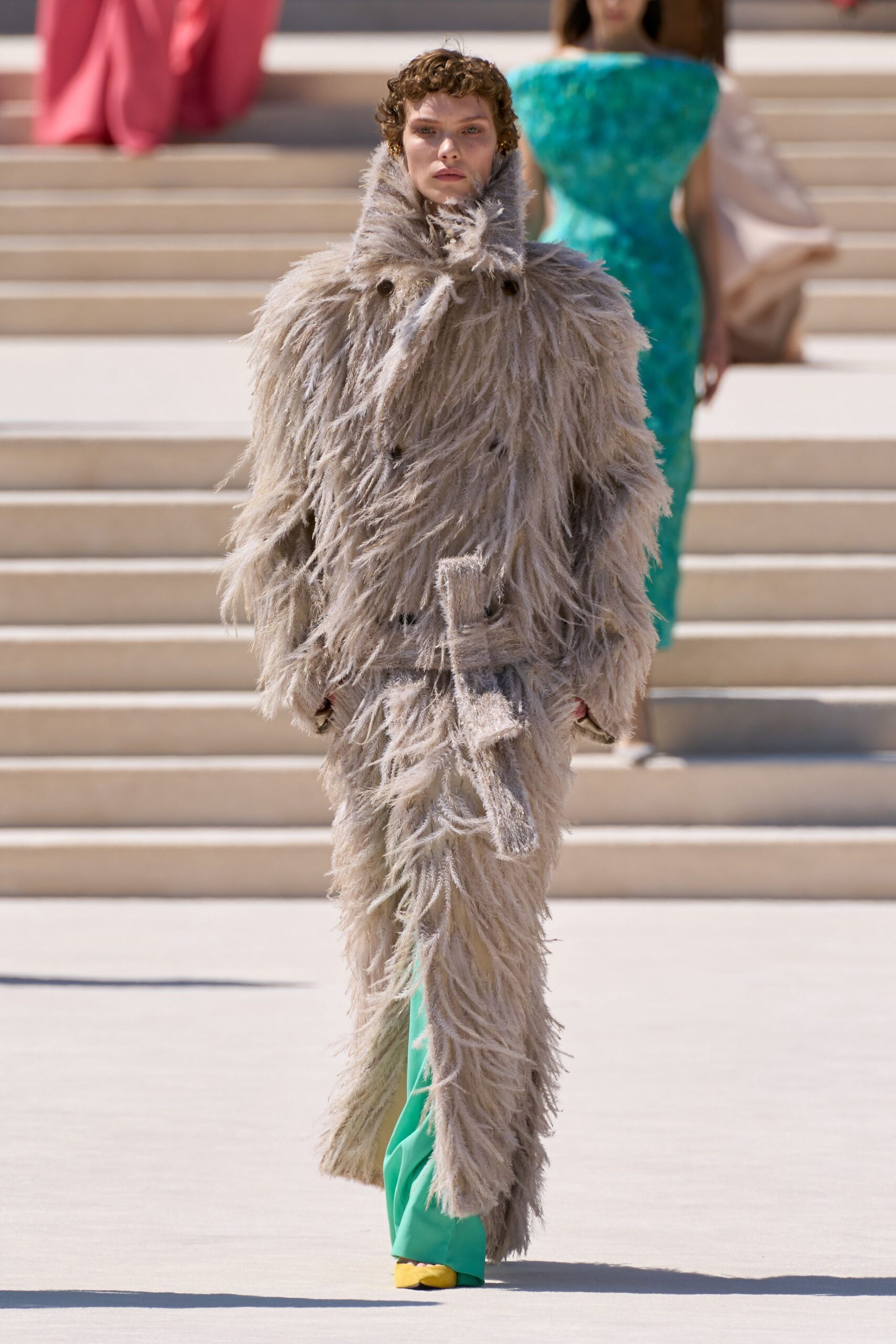 beige fur oversized fringed maxi coat