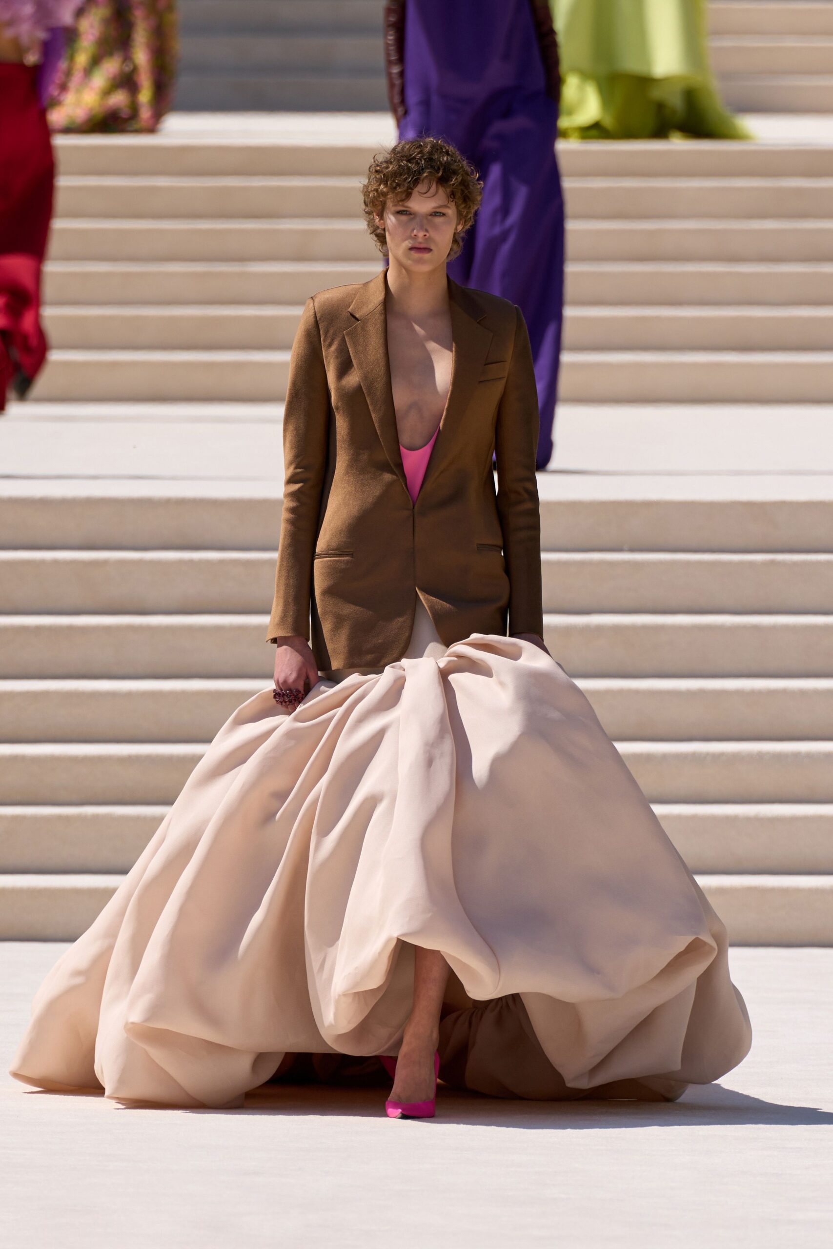 brown silk long-sleeve v-neck tailored blazer