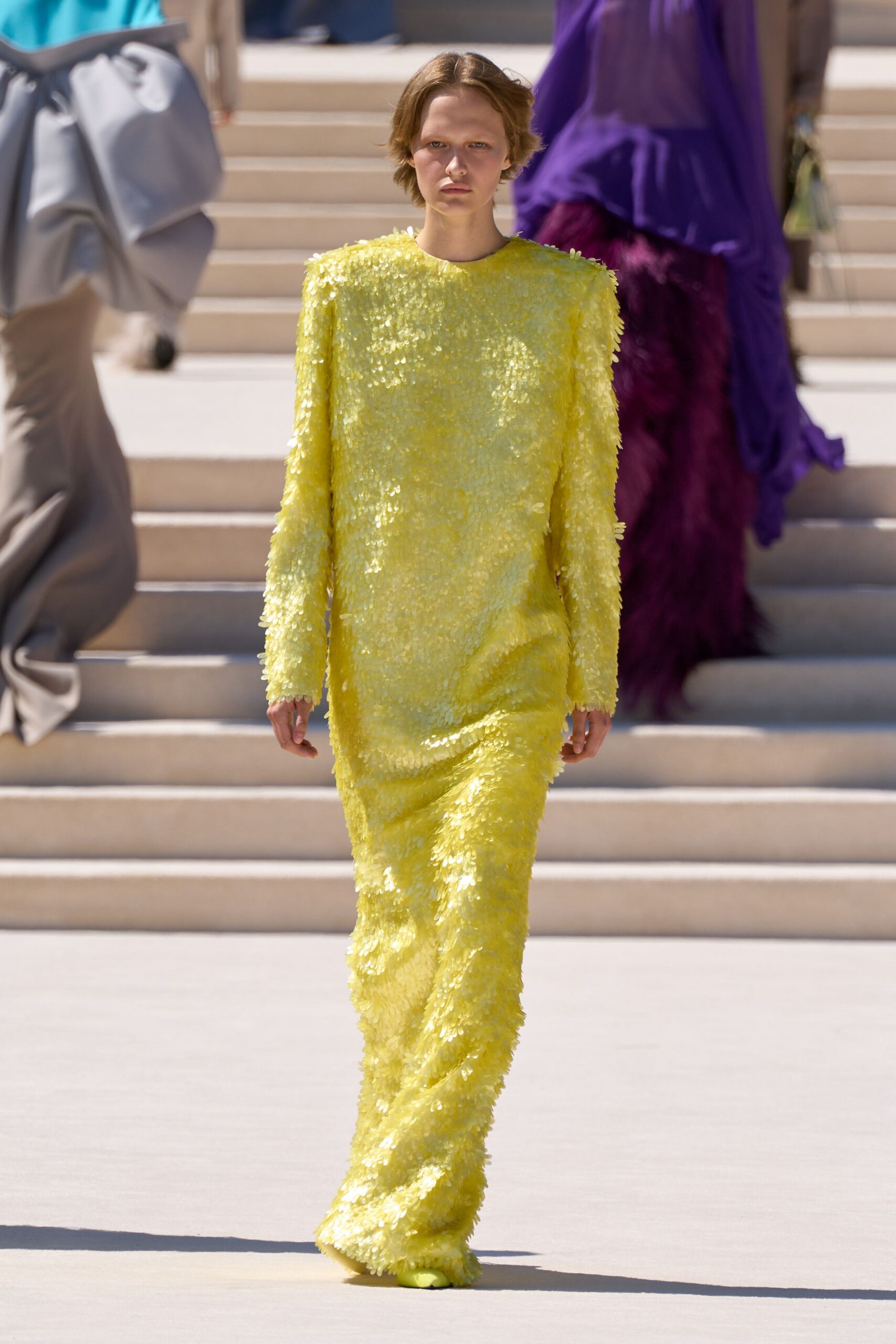 yellow sequined long-sleeve gown