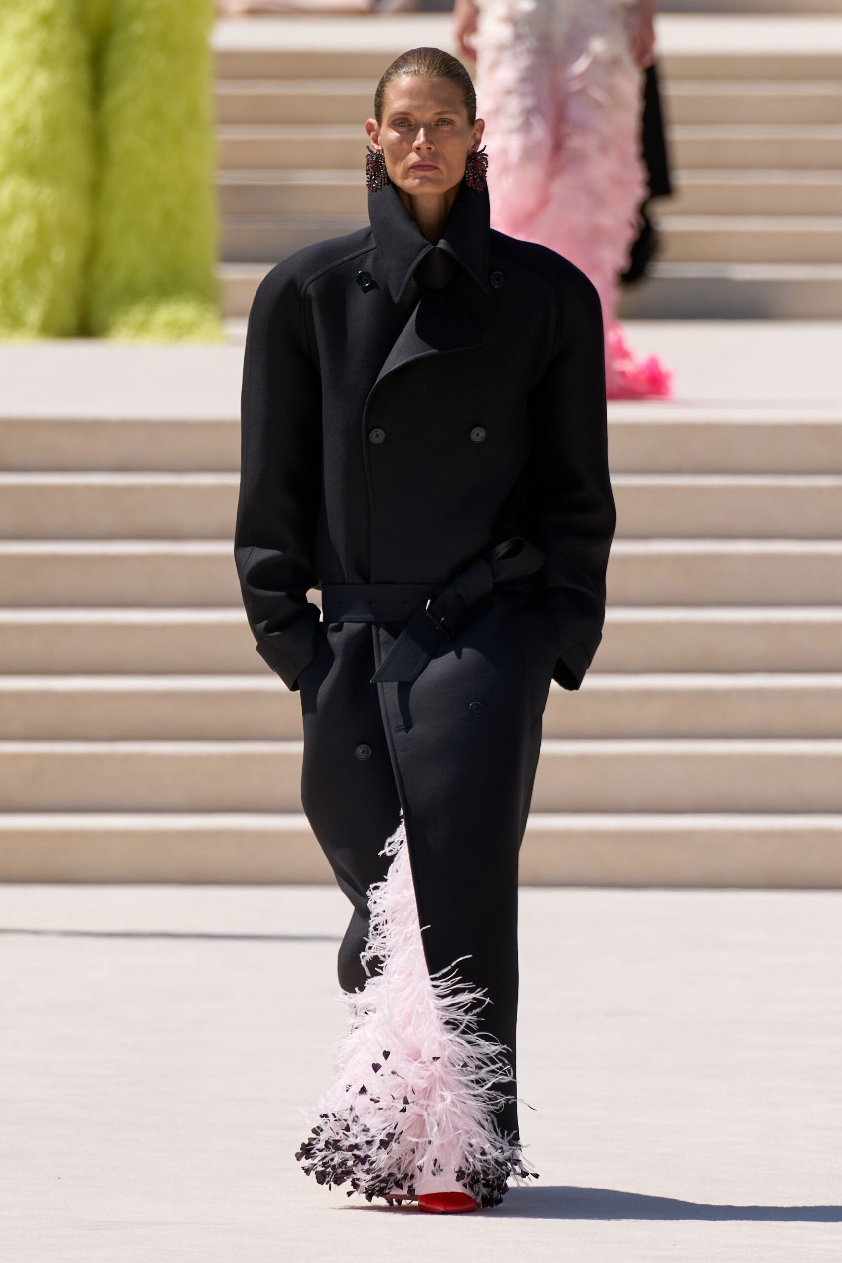 black wool long-sleeve double-breasted structured belted coat