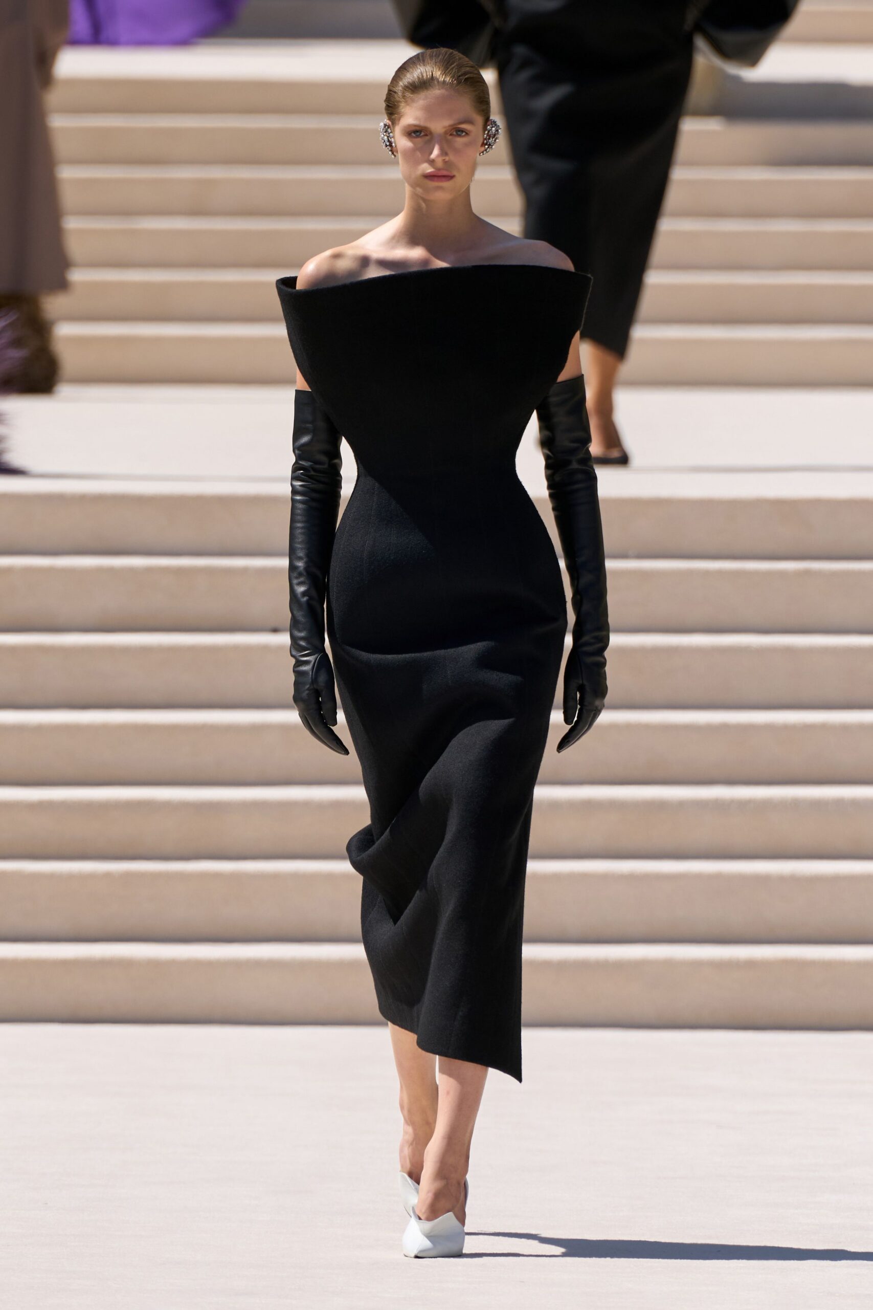 black wool sleeveless off-shoulder fitted structured pencil dress
