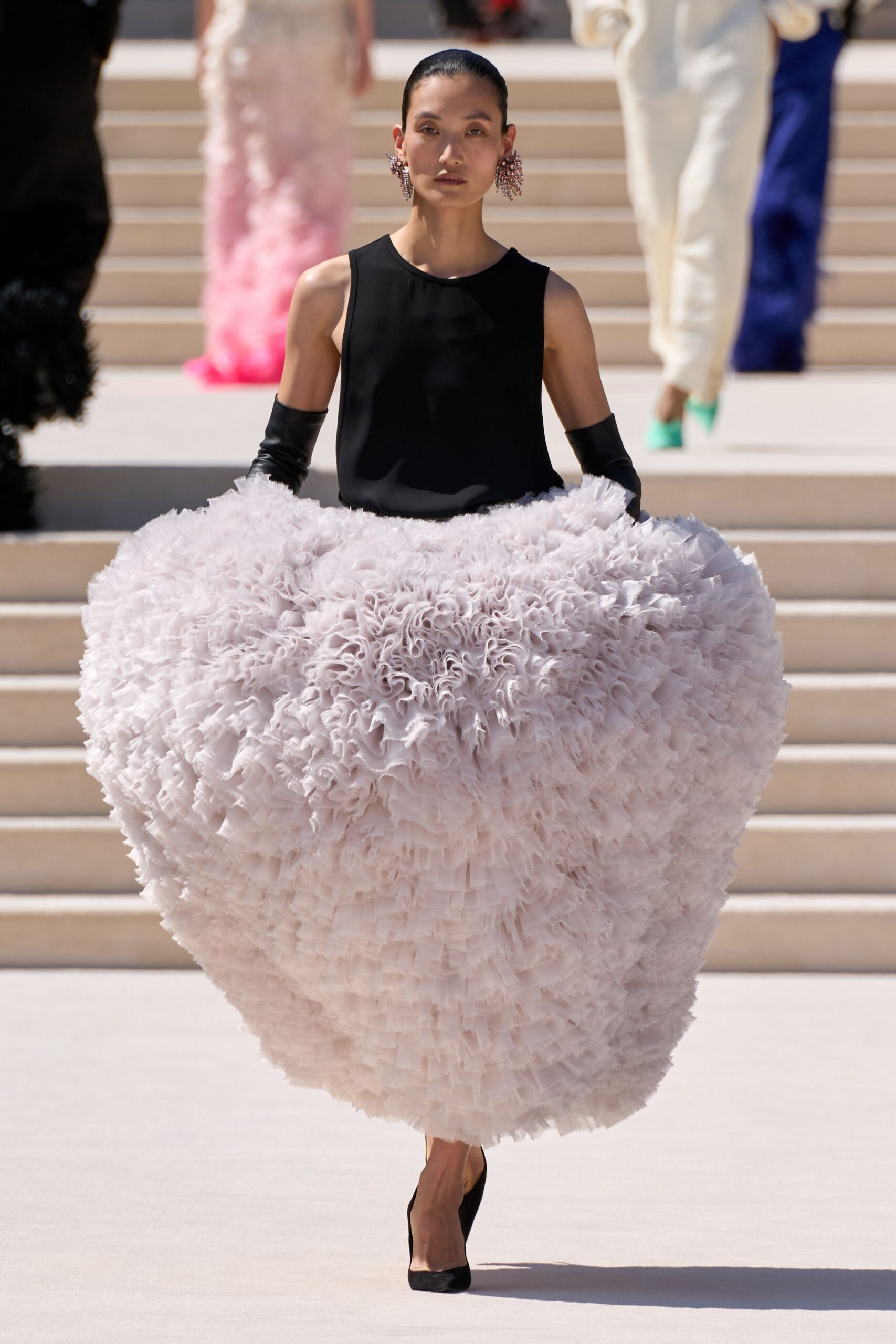 pink tulle structured ruffled midi skirt