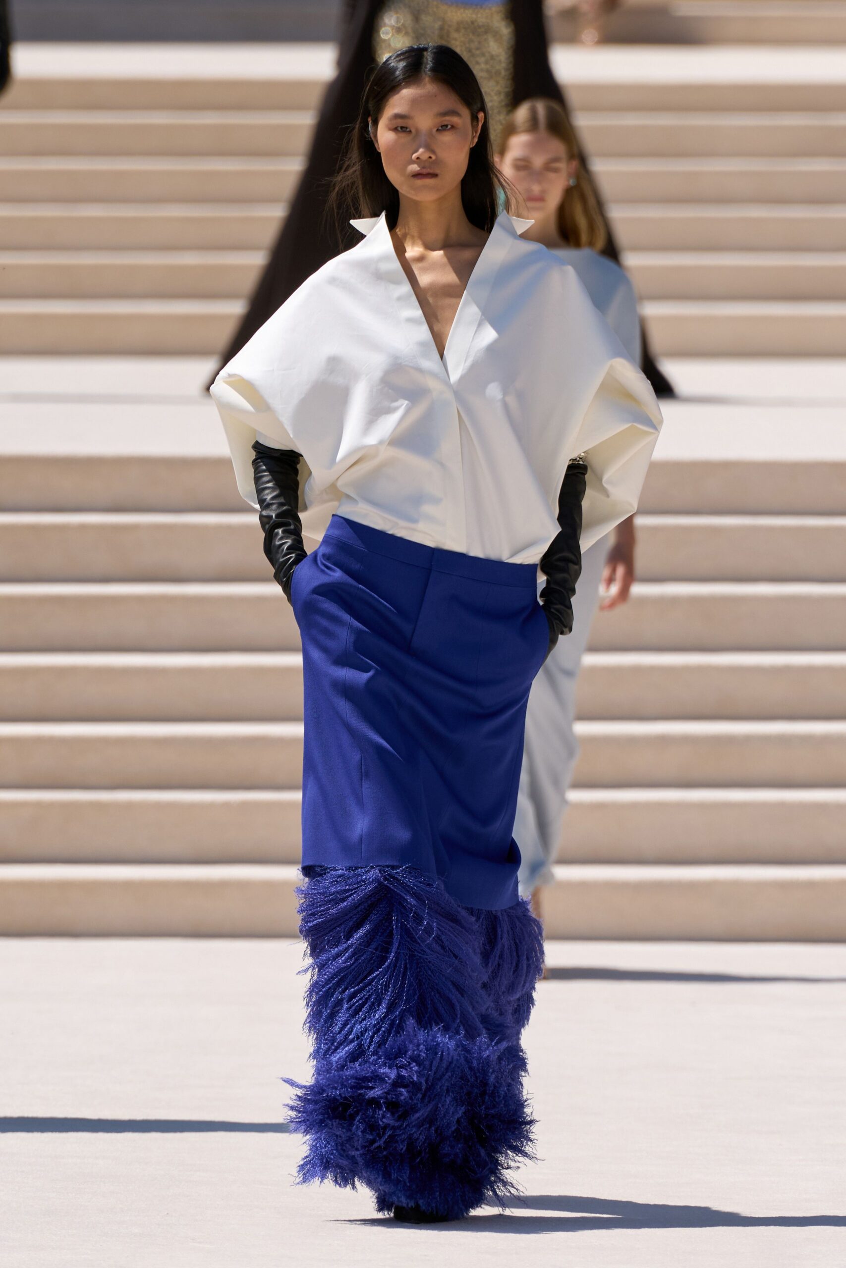 blue cotton fitted fringed skirt