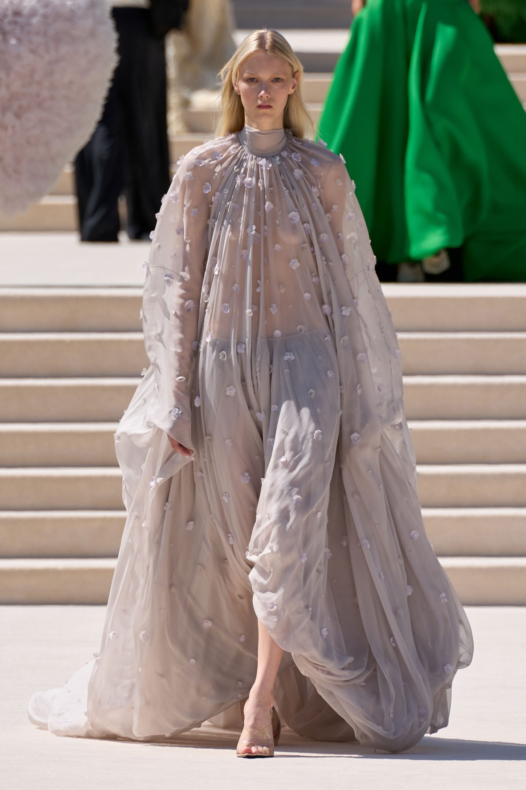 gray chiffon long-sleeve high-neck relaxed pleated embroidered gown
