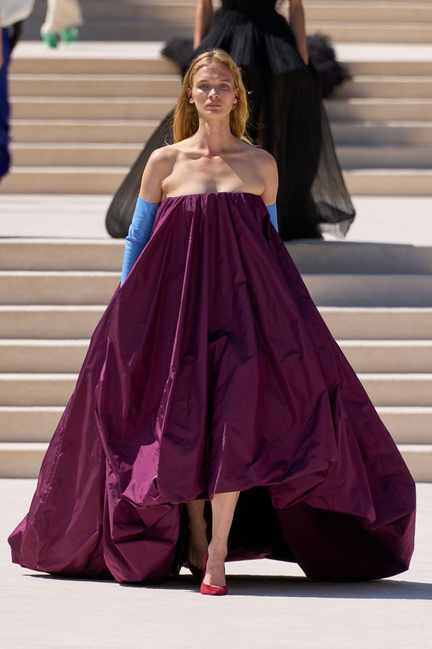 purple silk strapless fitted layered flowing maxi gown