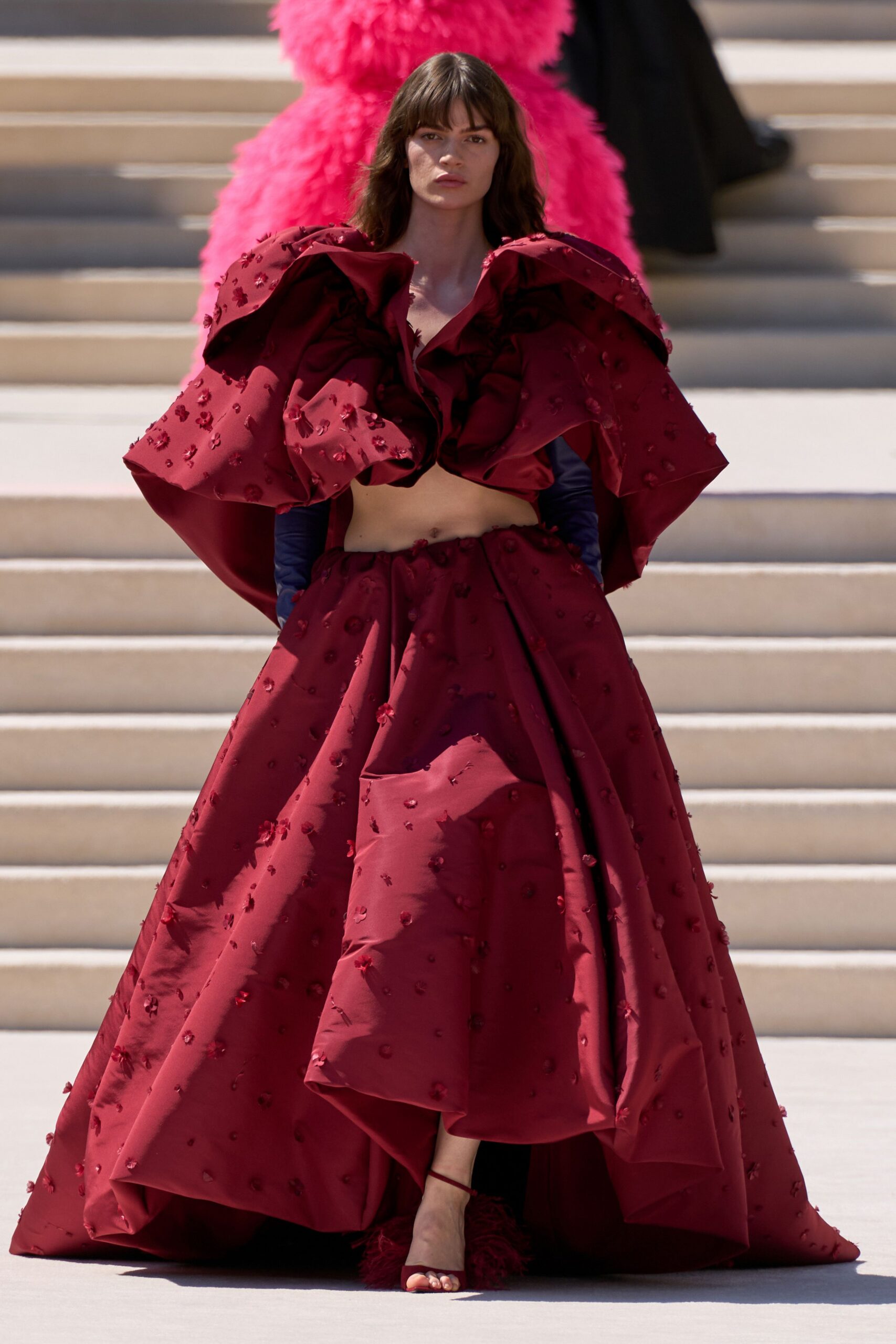 red silk fitted tiered embroidered maxi skirt