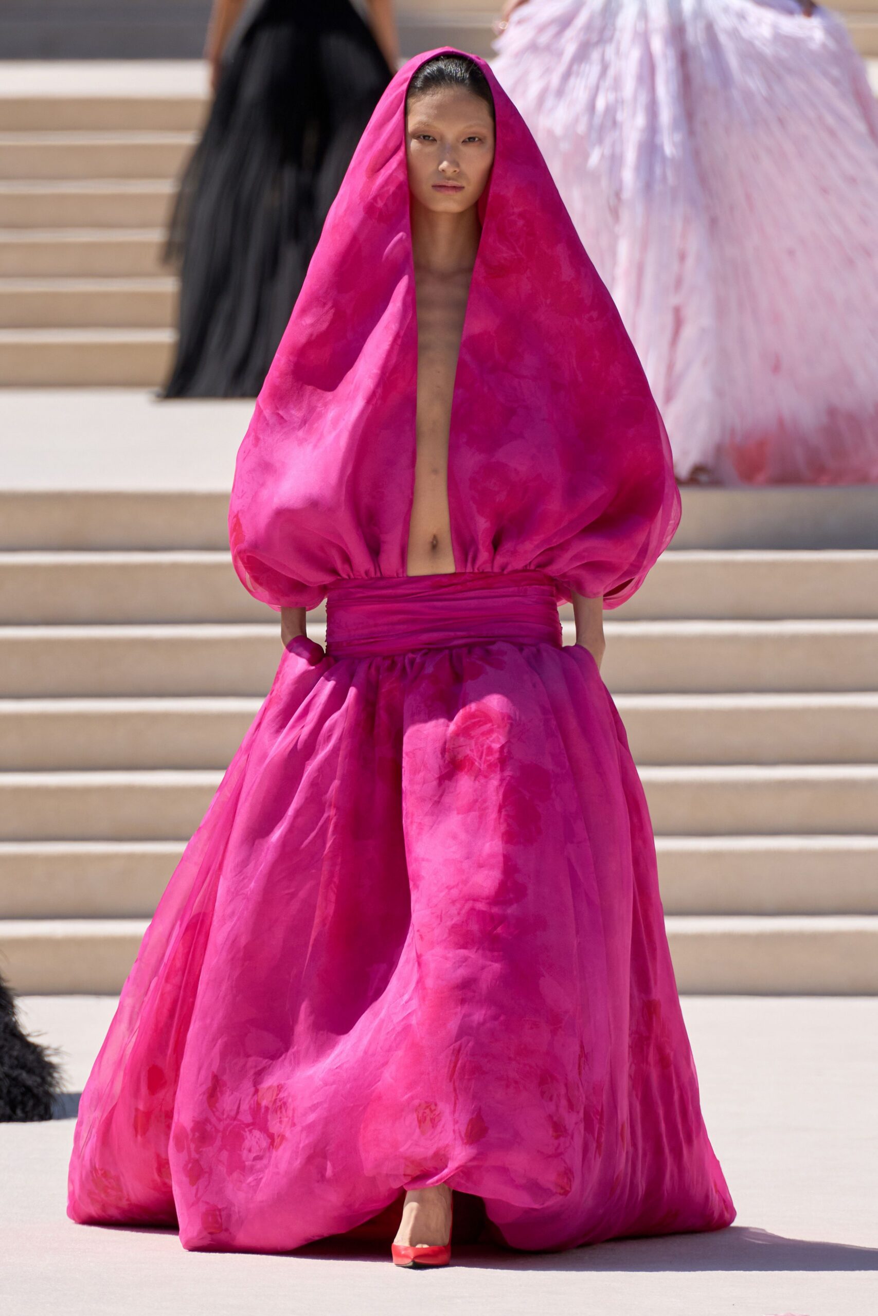 pink silk sleeveless high-neck relaxed pleated layered gown