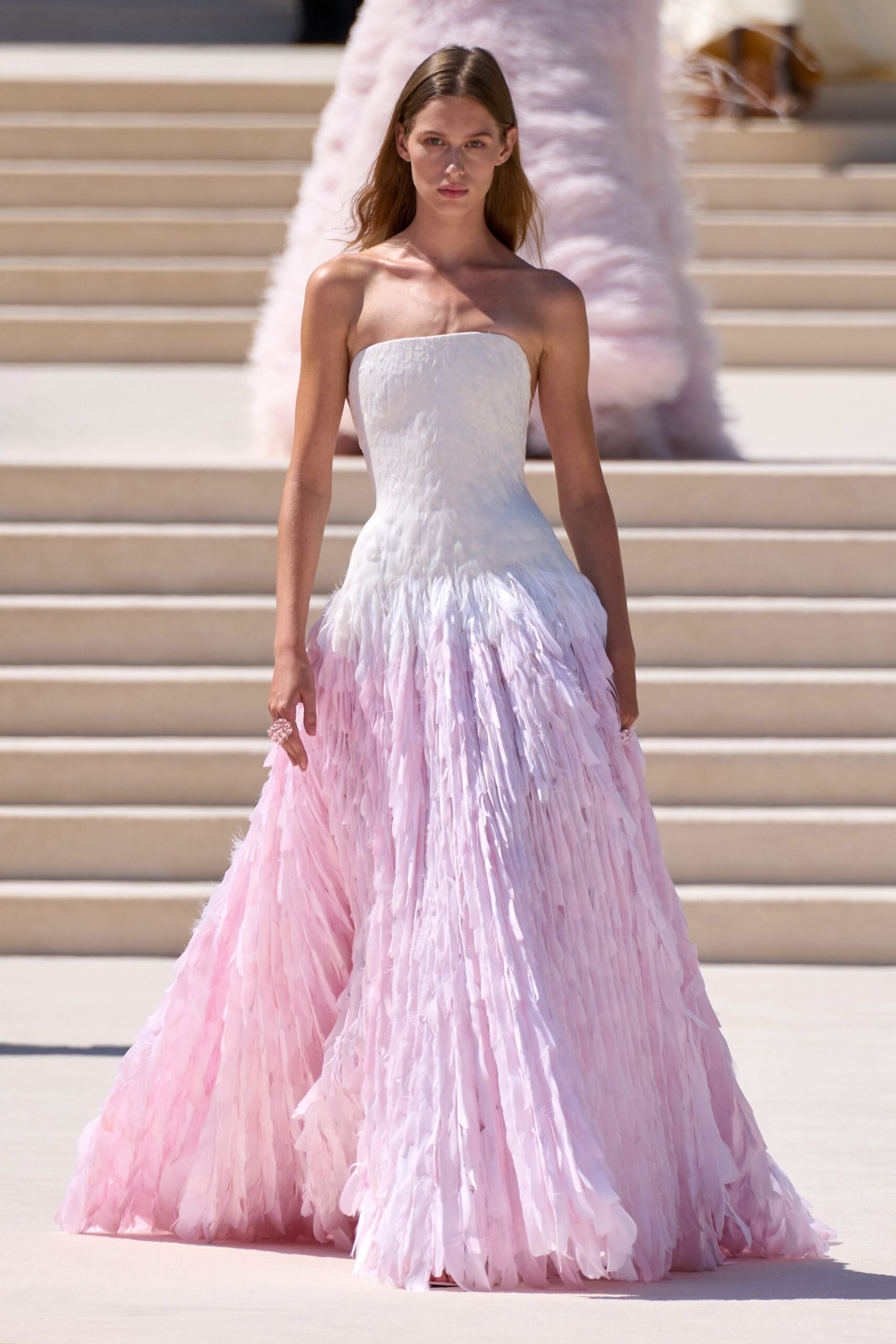 white and pink pleated gown
