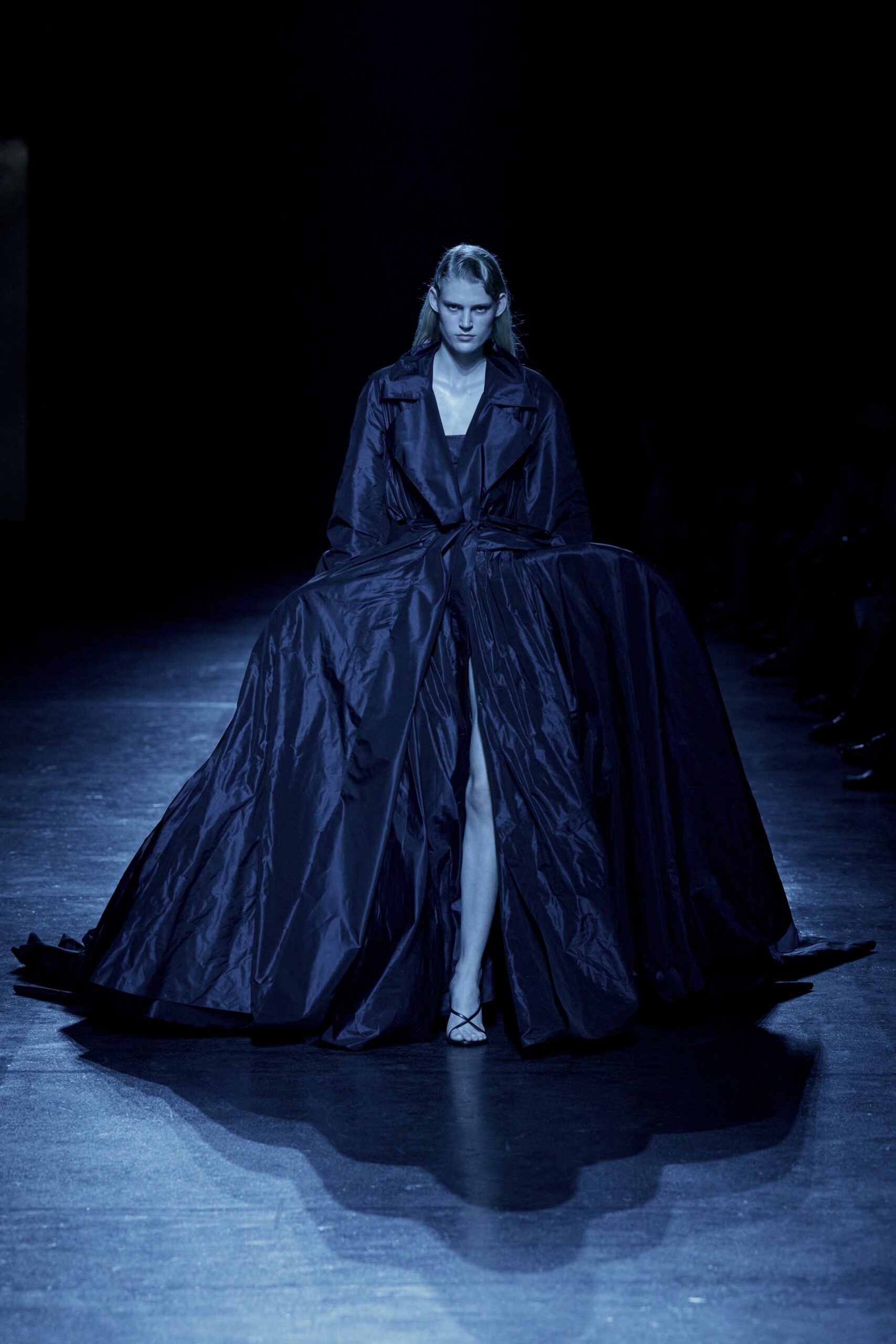 black silk long-sleeve v-neck fitted pleated layered gown
