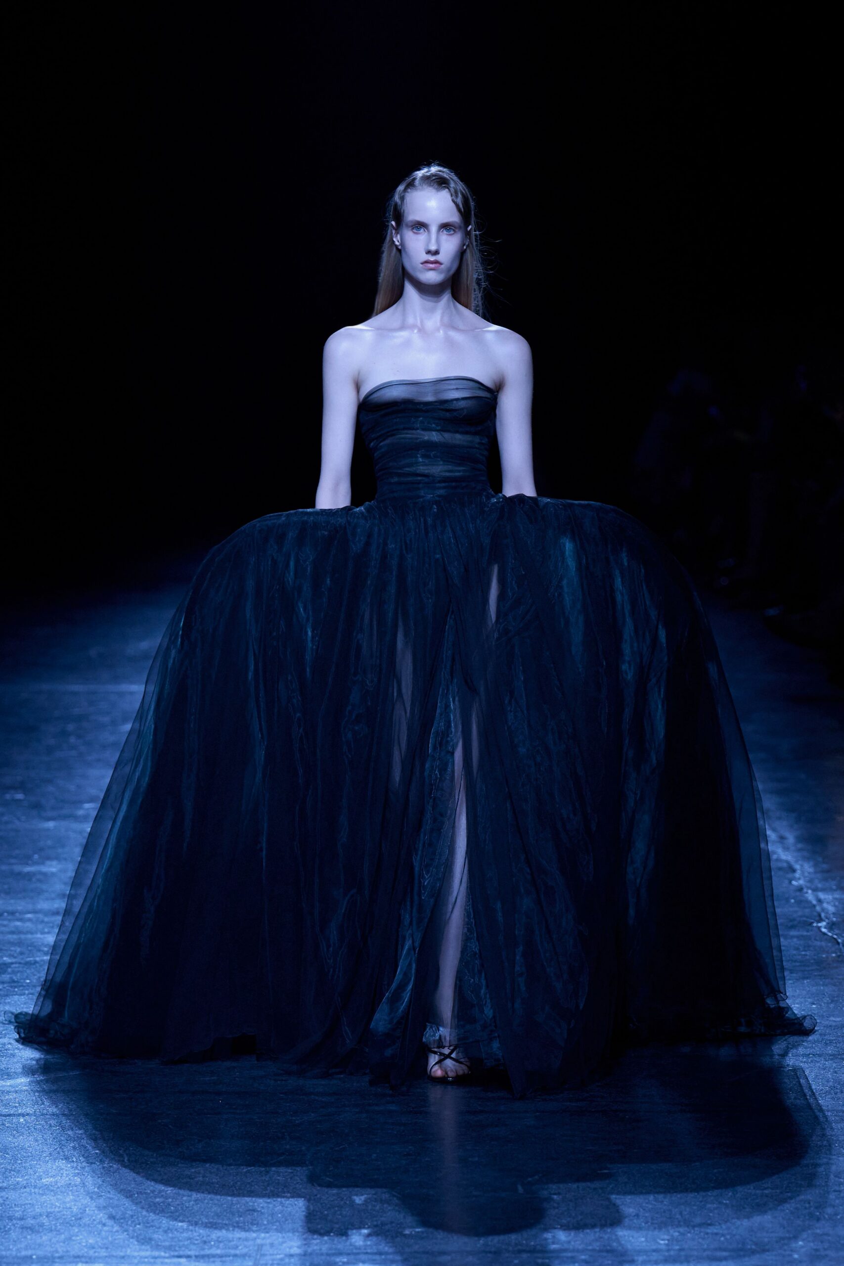 black tulle strapless long-sleeve fitted layered flowing gown