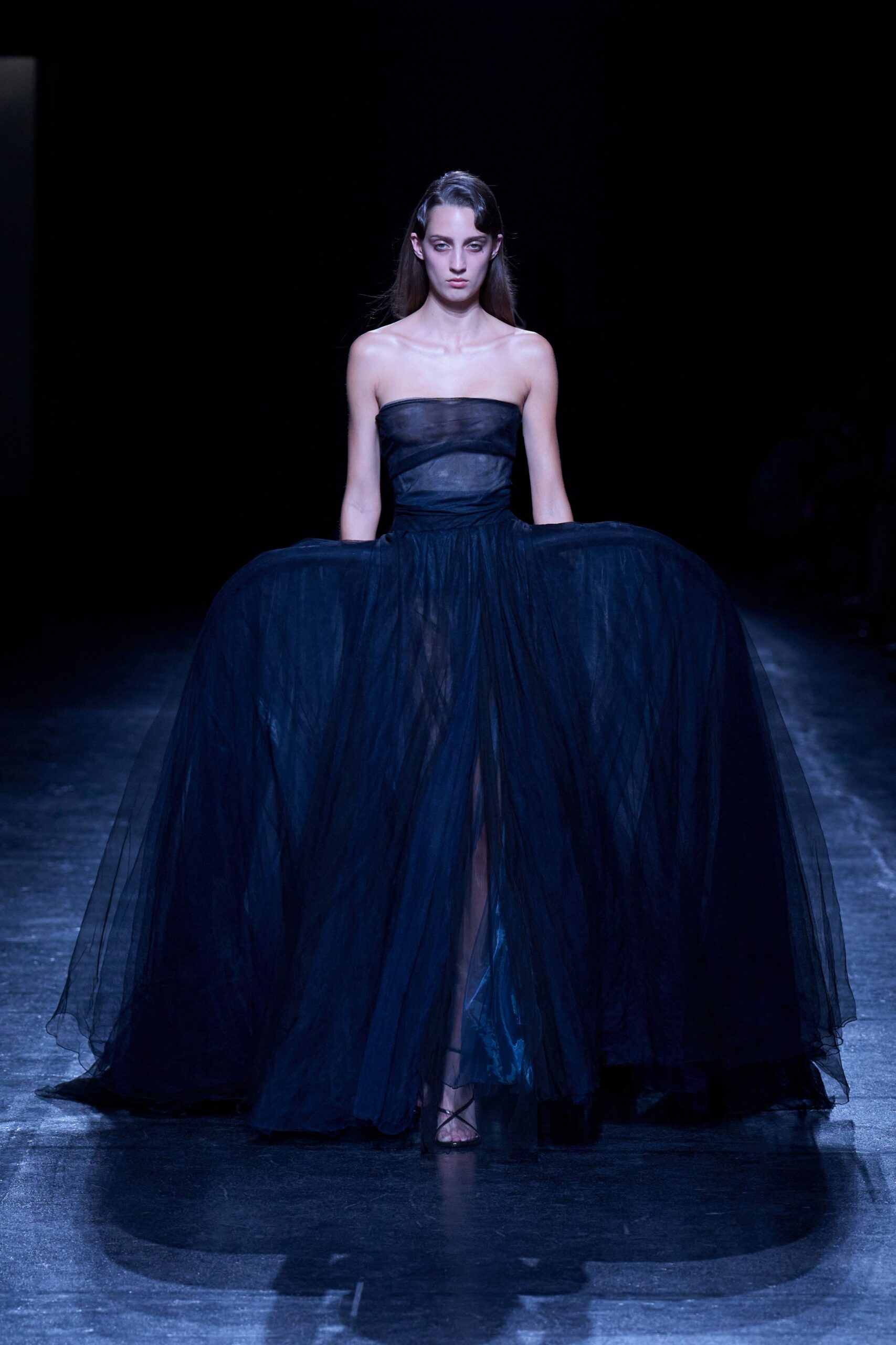 black strapless flowing gown