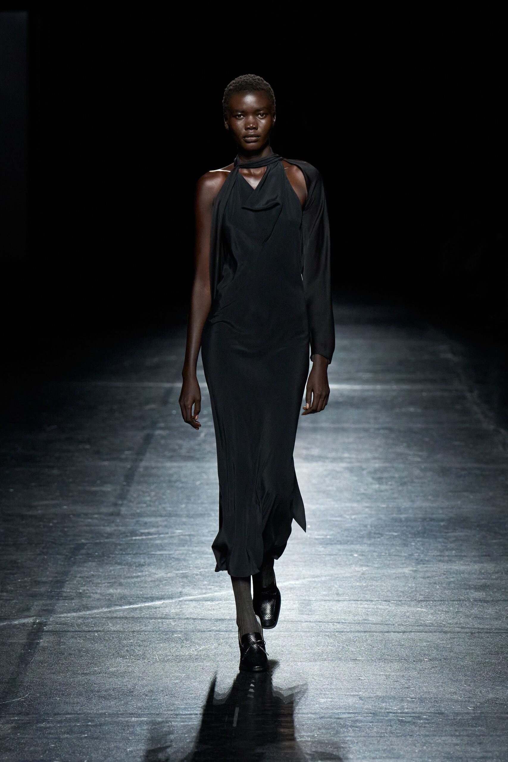 black silk sleeveless halter fitted draped midi dress