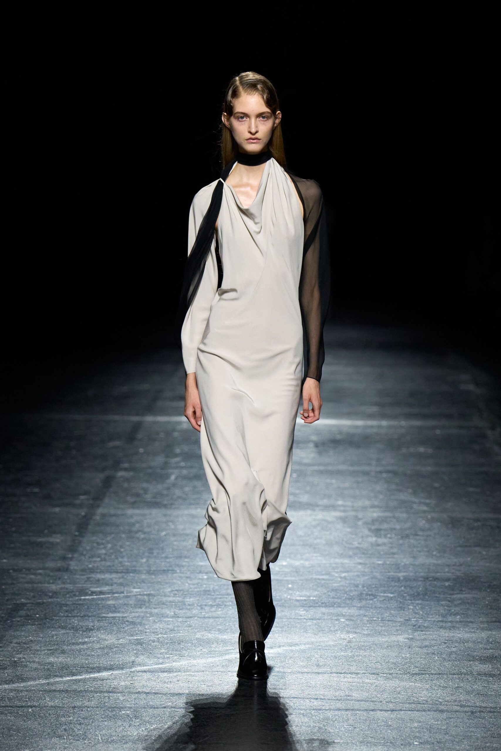 gray silk long-sleeve v-neck fitted draped midi dress