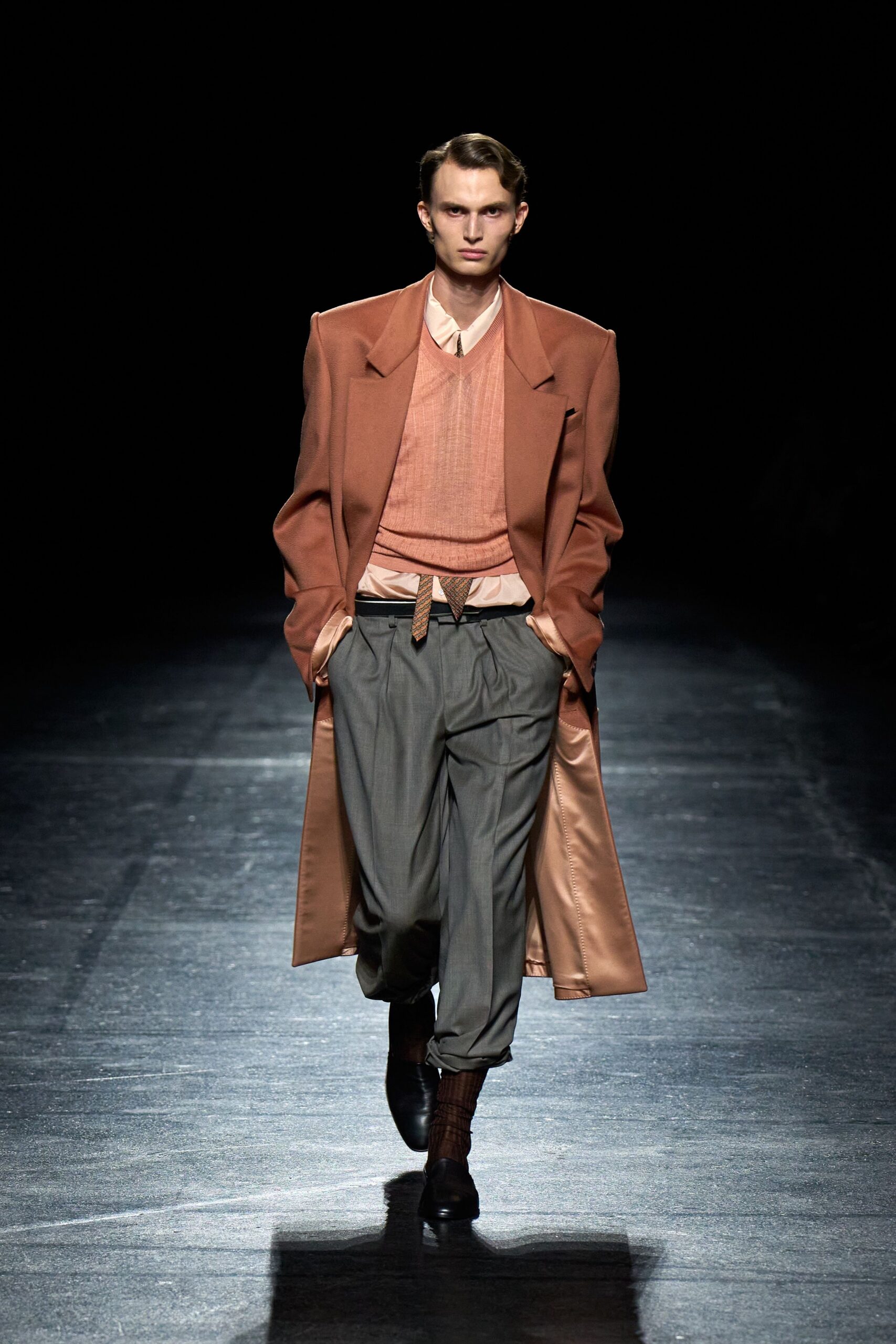 gray wool relaxed pleated pants