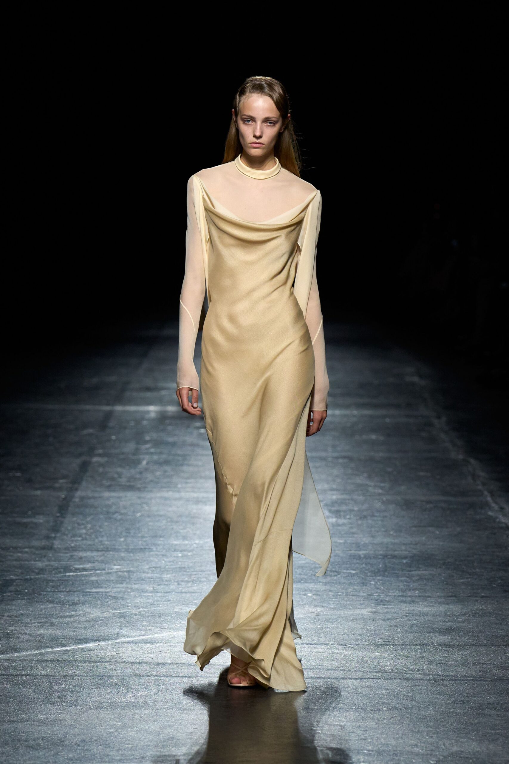 beige silk long-sleeve gown