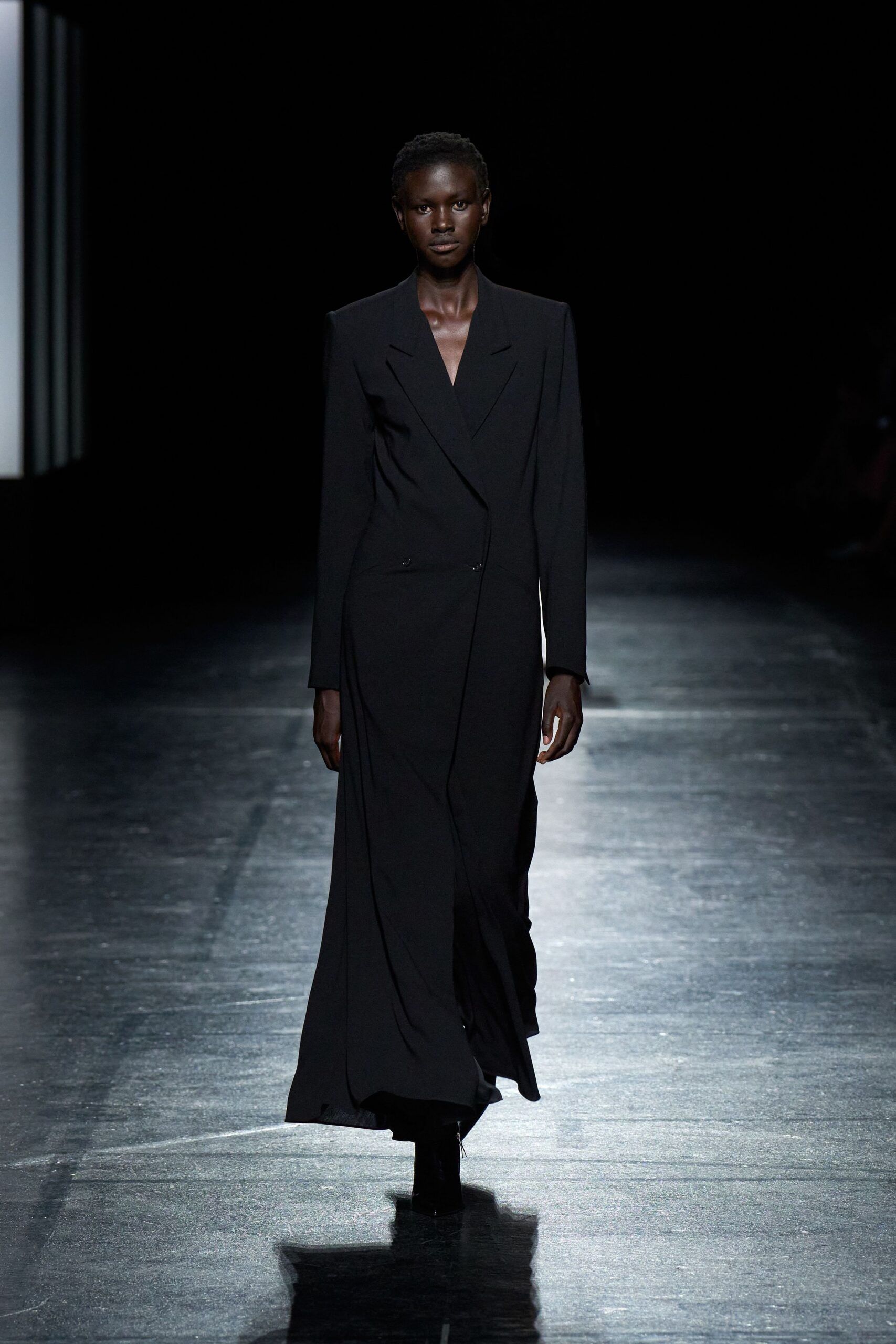 black silk long-sleeve v-neck fitted maxi gown