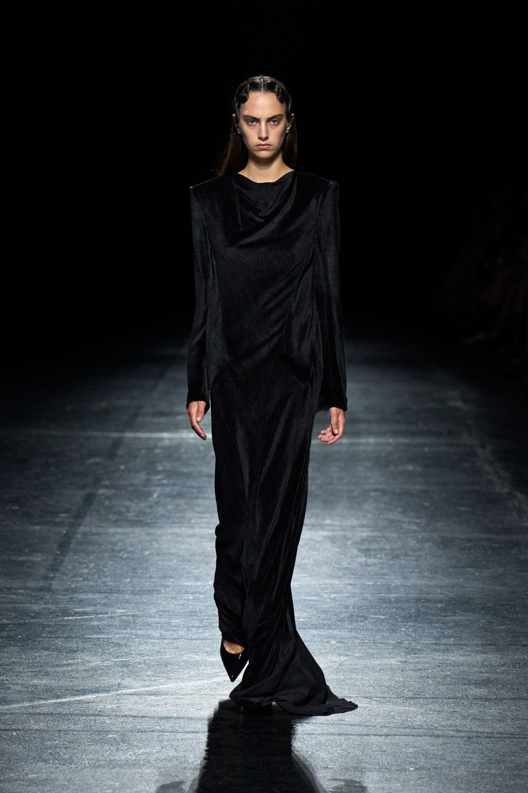 black velvet long-sleeve v-neck fitted draped maxi gown
