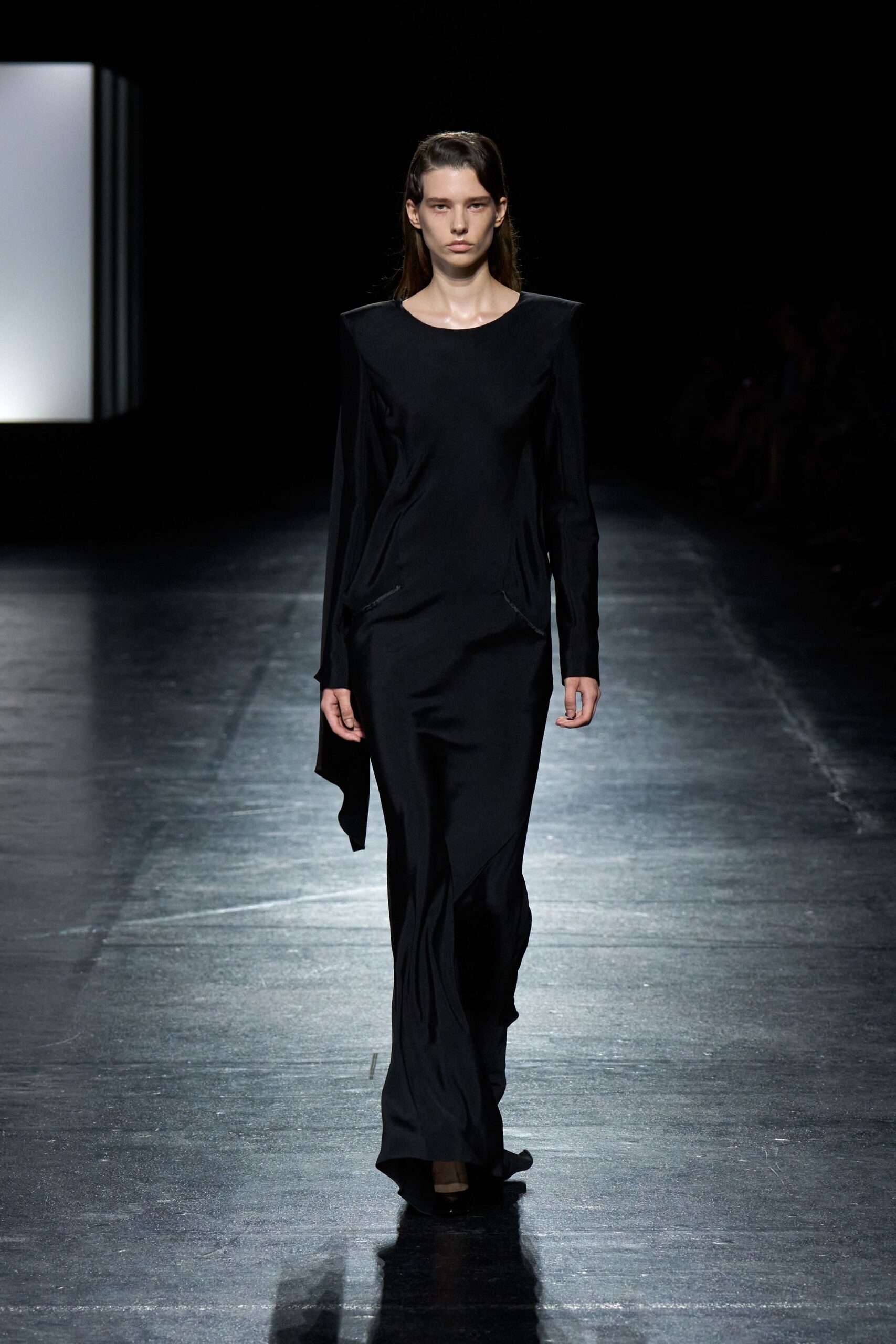 black silk long-sleeve v-neck fitted draped maxi gown