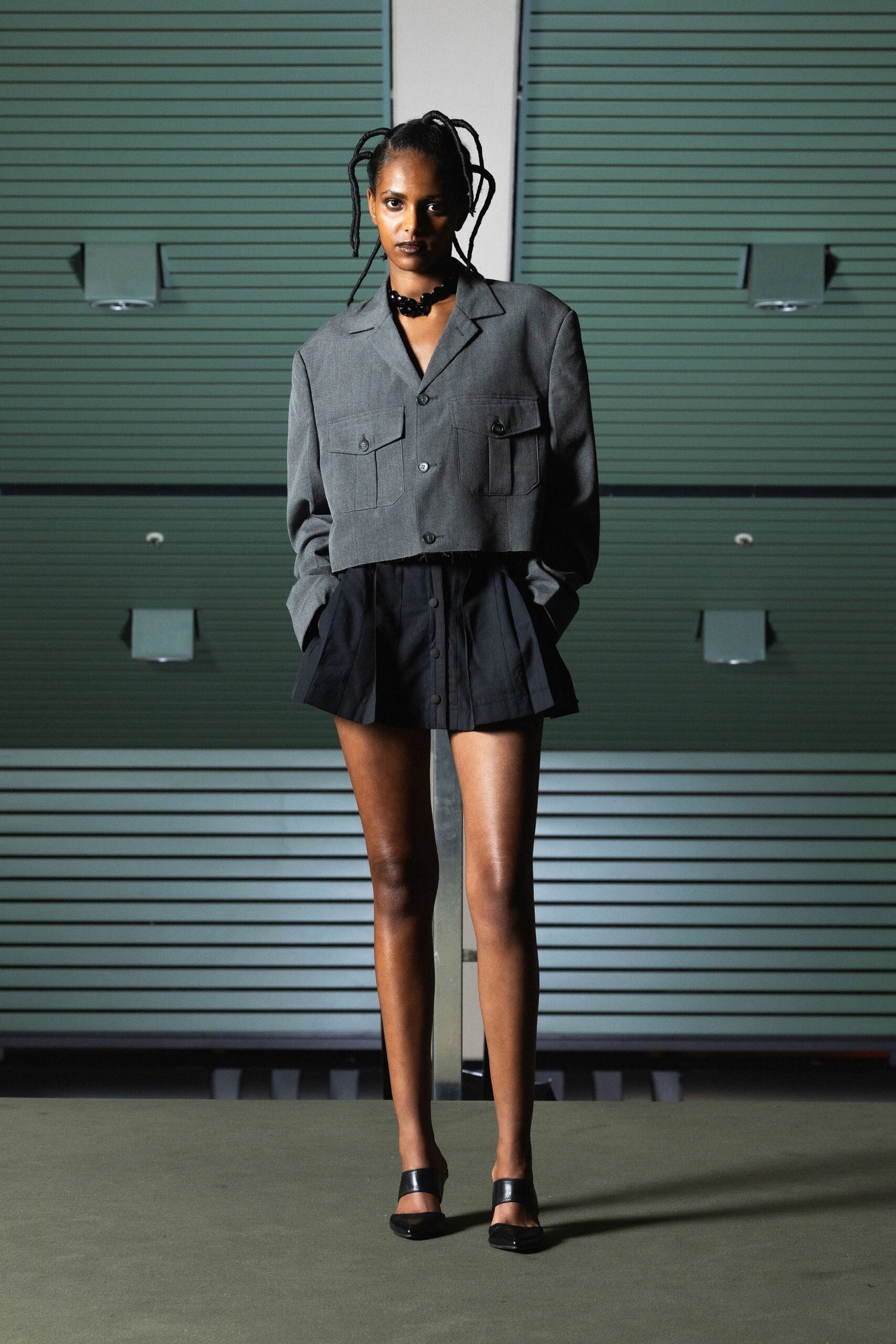 gray oversized jacket black skirt