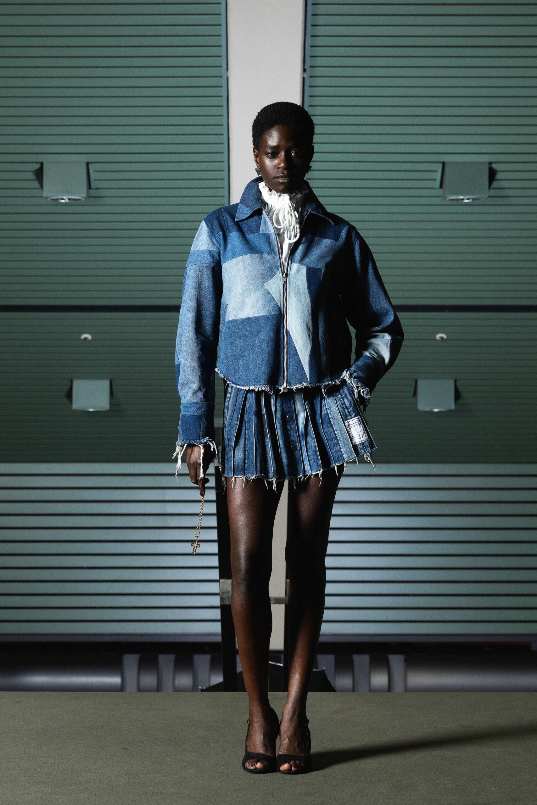 blue denim fitted pleated mini skirt