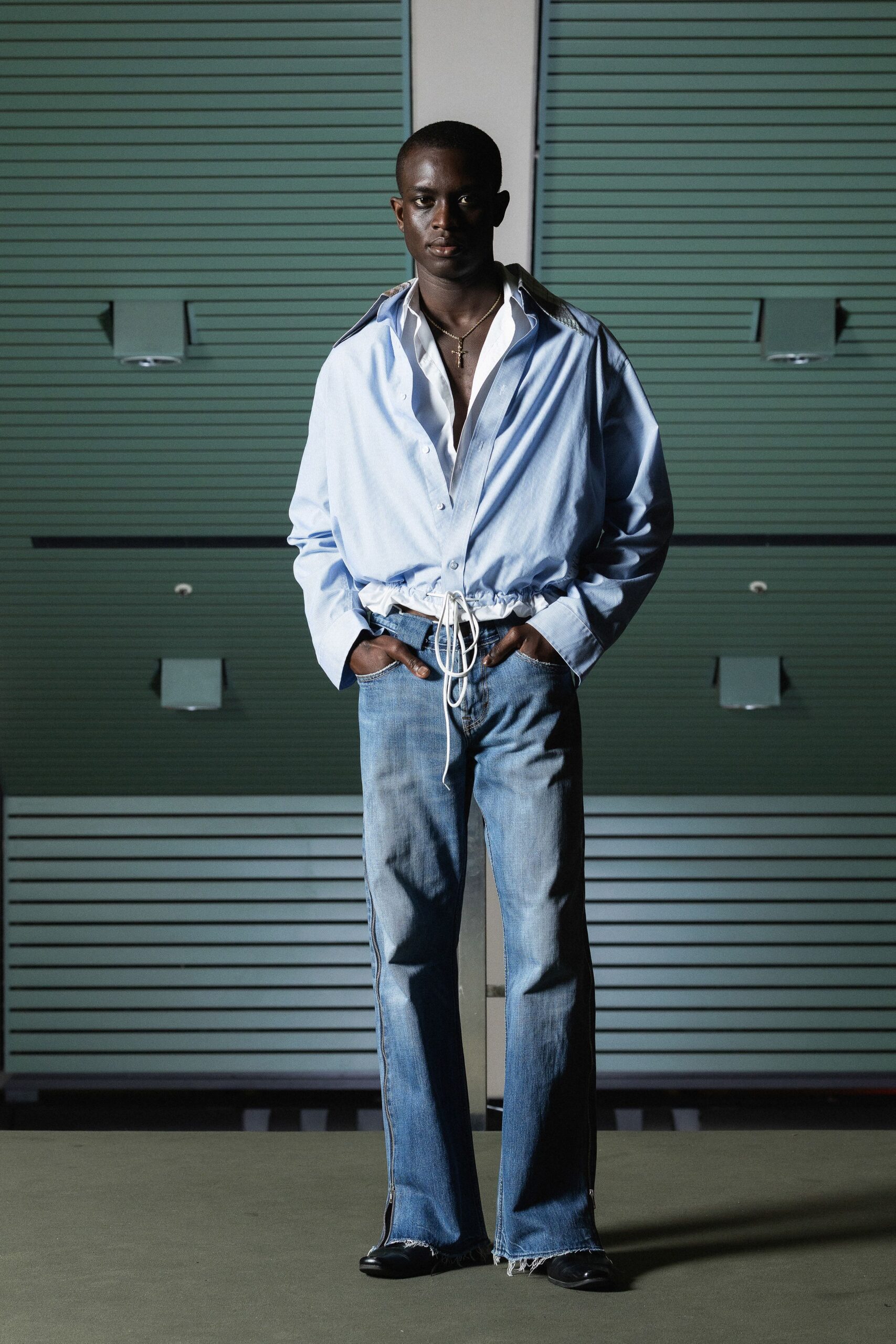 blue denim fitted flared pants