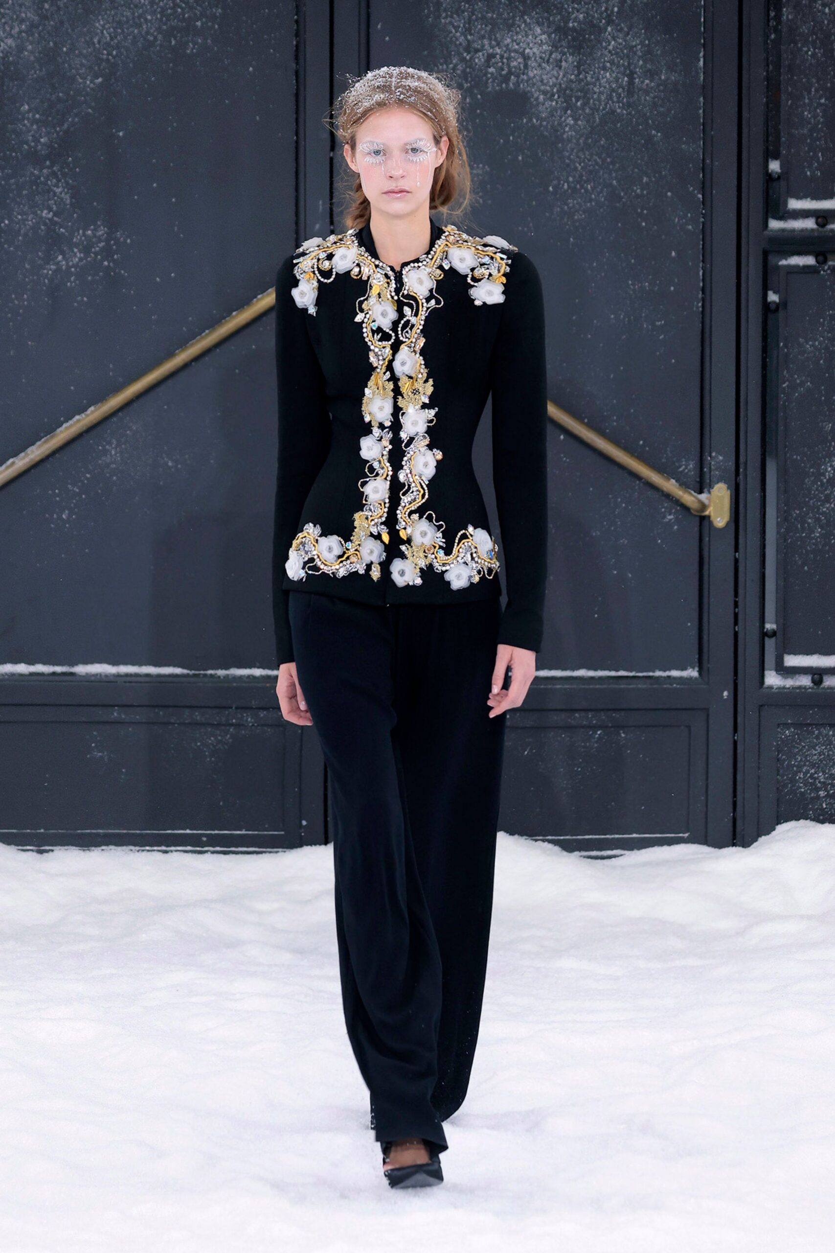 black velvet fitted straight-leg pants