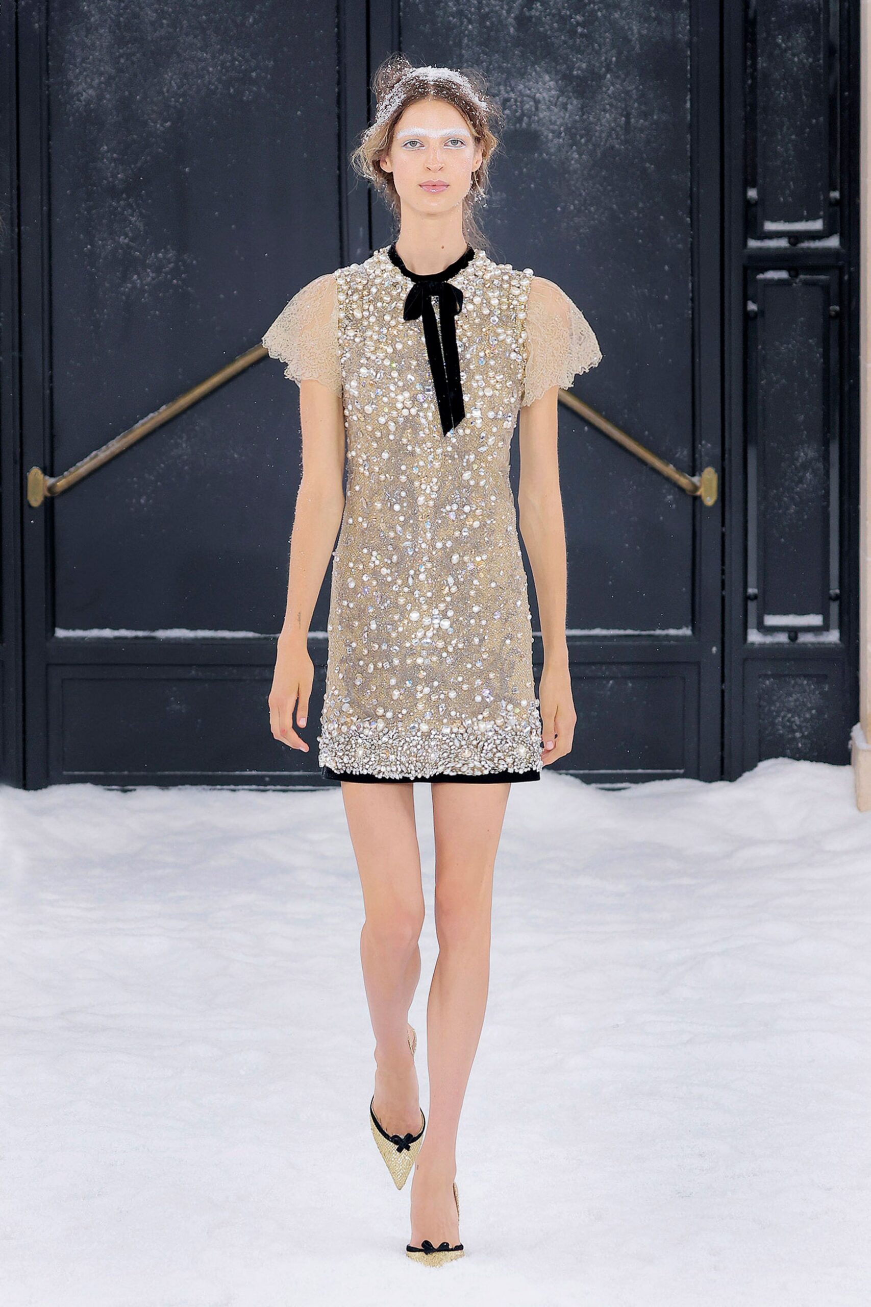 gold sequin short-sleeve v-neck fitted embellished tiered dress