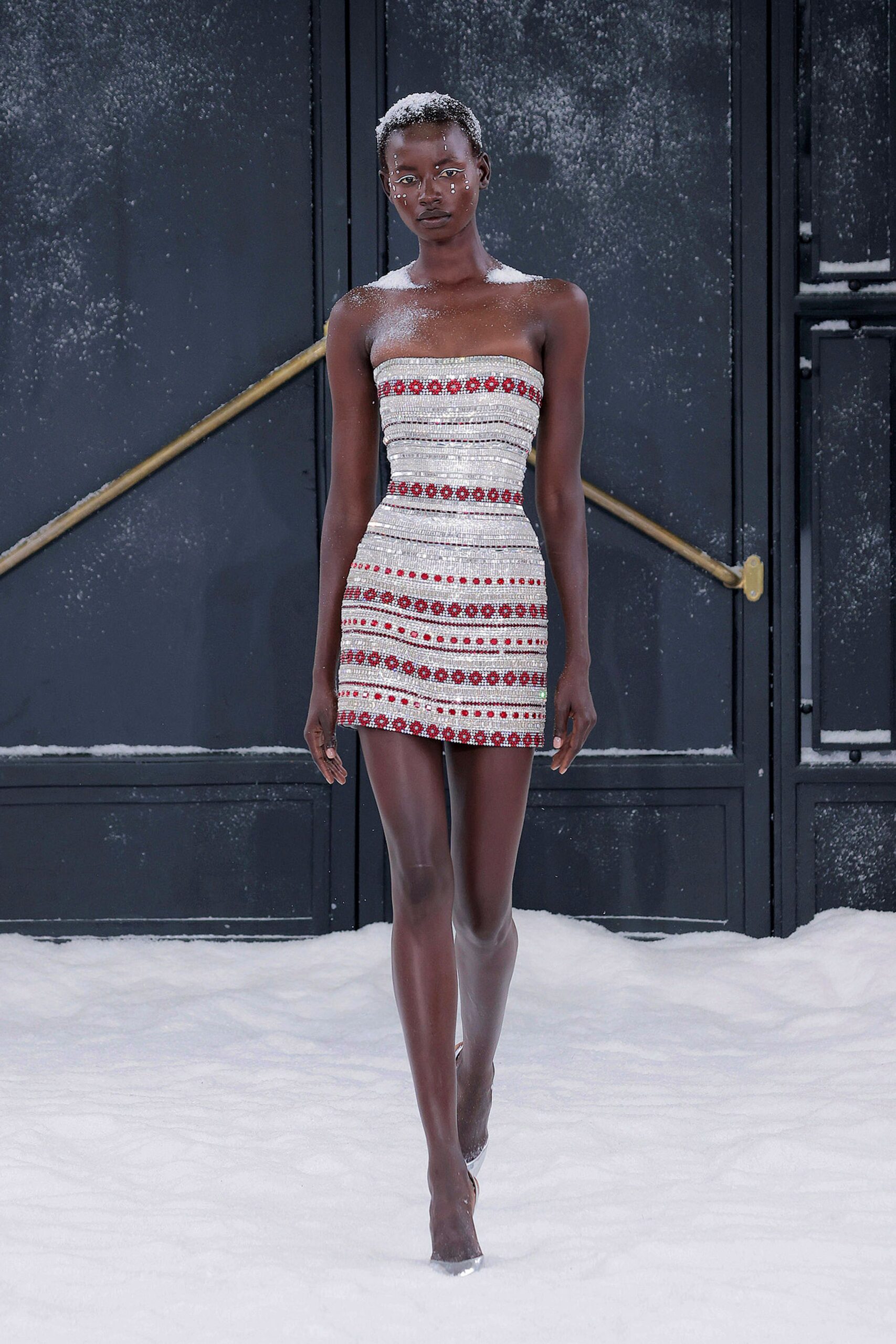 white cotton strapless fitted embroidered mini mini-dress