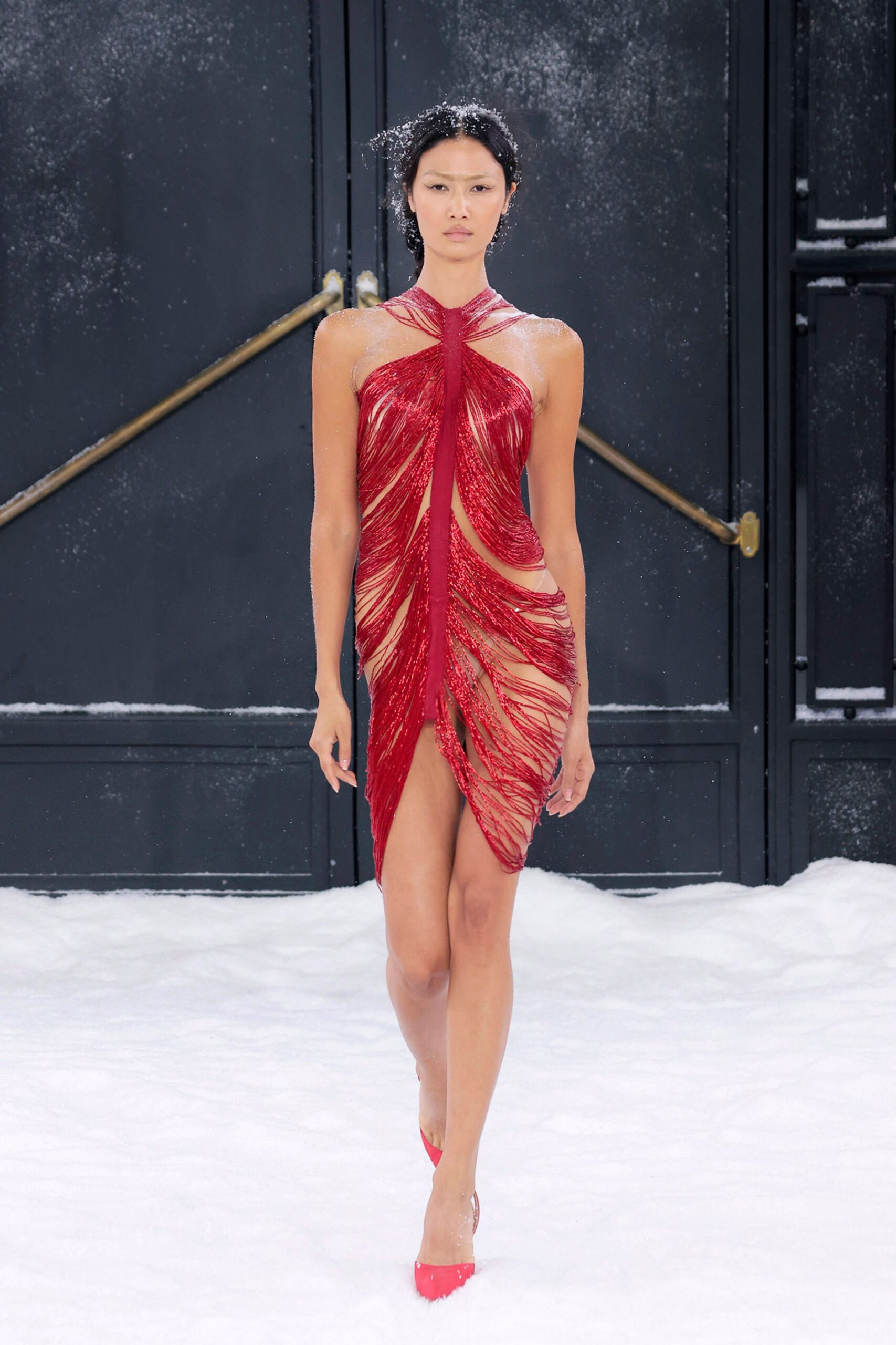 red silk sleeveless high-neck fitted ruched shiny dress