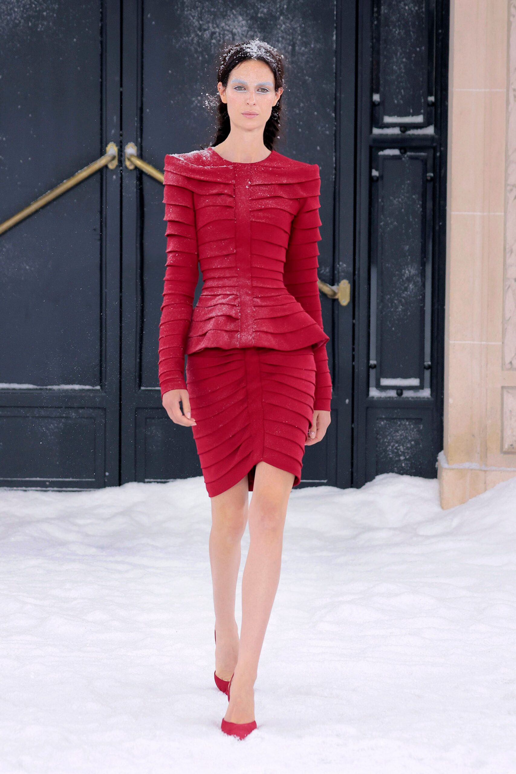 red silk long-sleeve high-neck fitted pleated mini dress