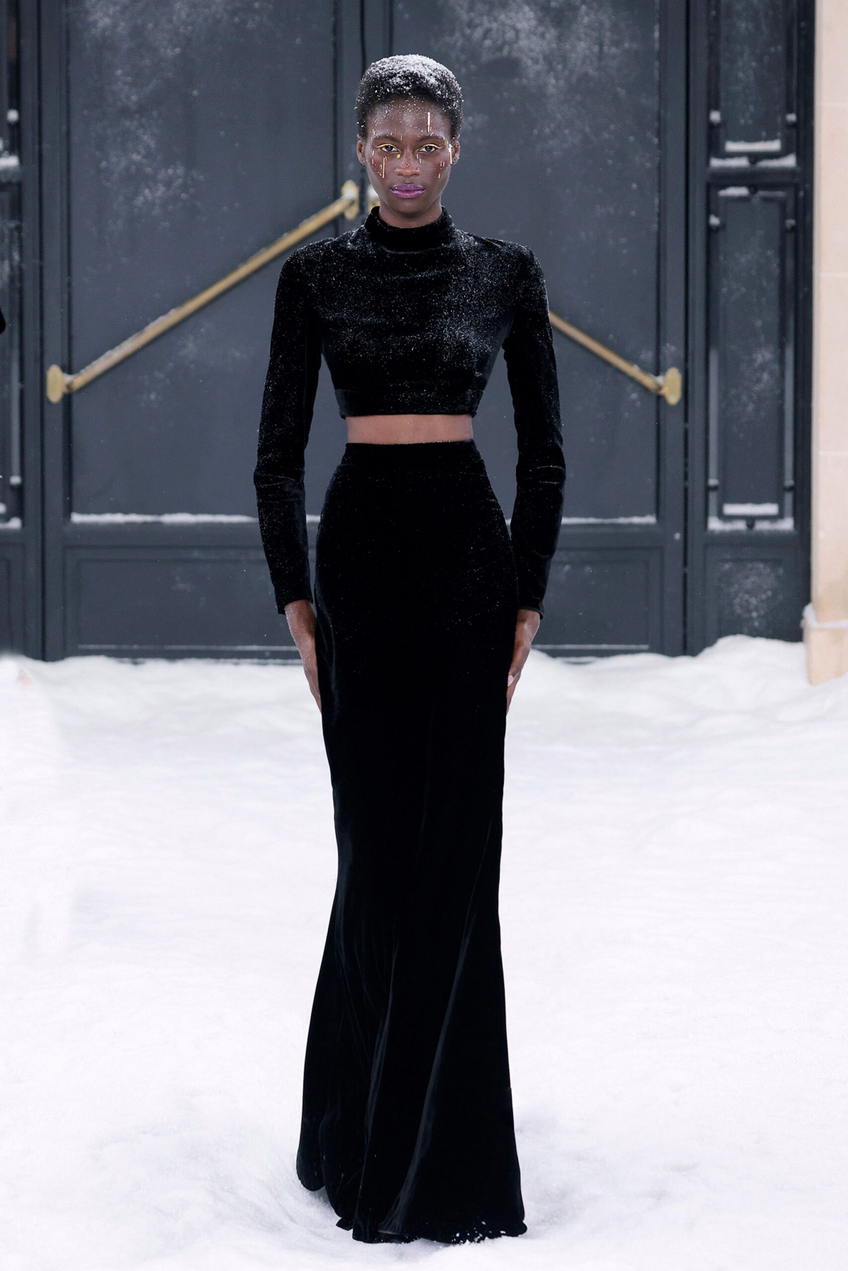 black velvet long-sleeve high-neck fitted cropped crop-top