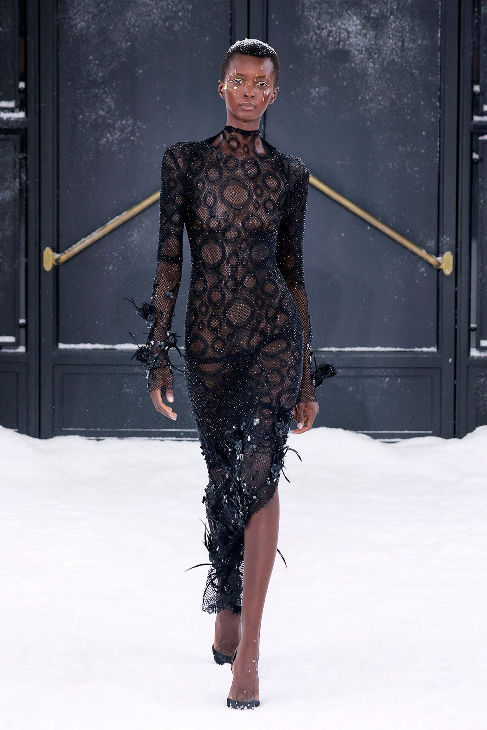 black lace long-sleeve high-neck fitted embellished gown
