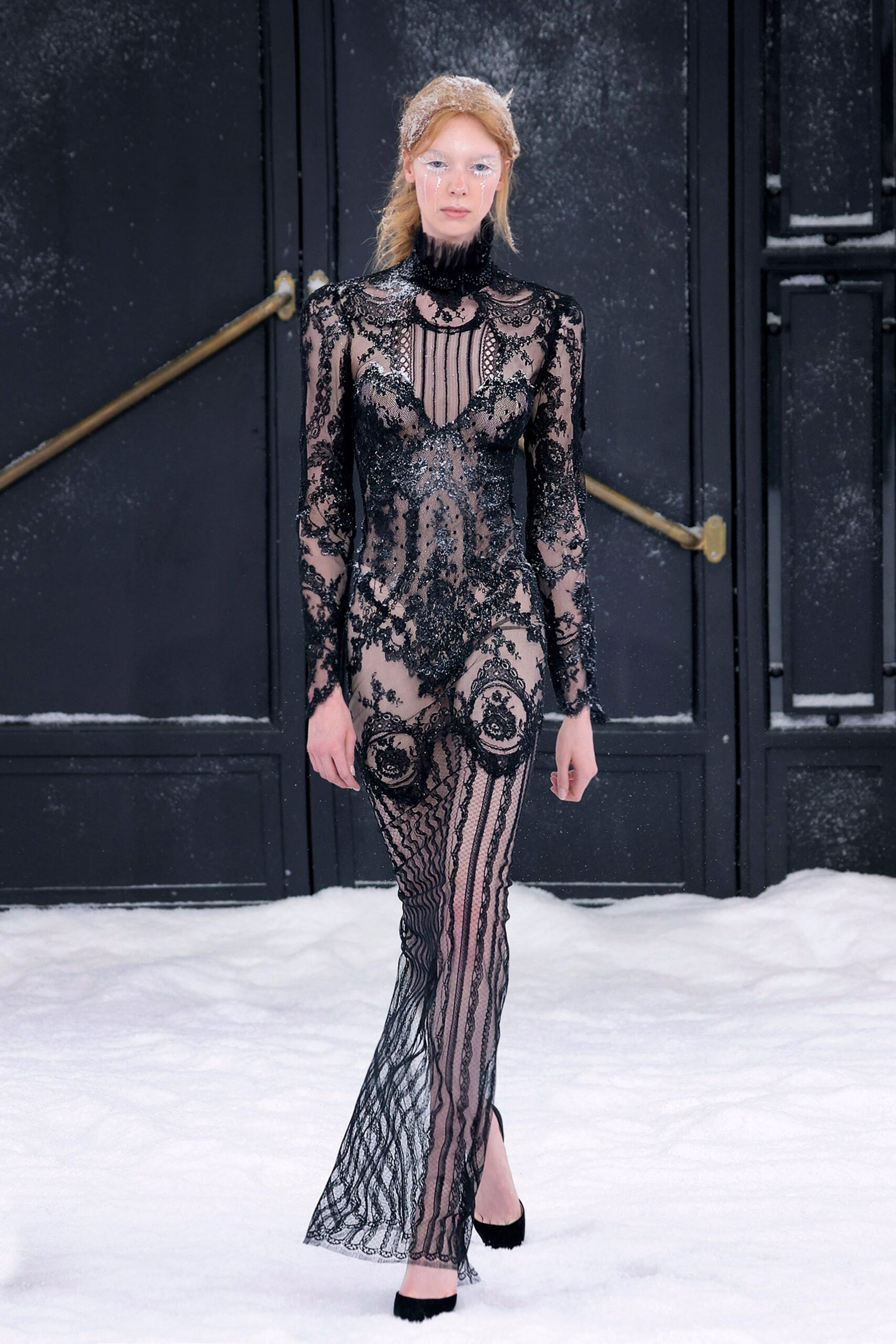 black lace long-sleeve high-neck fitted embroidered gown