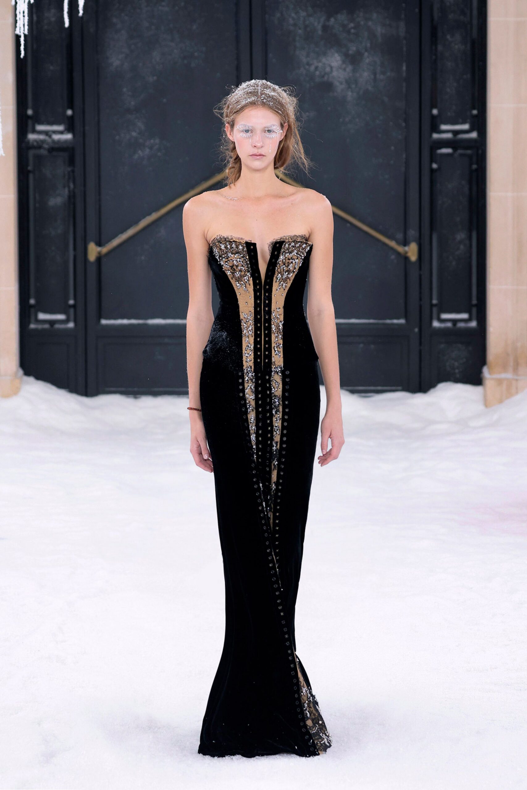black velvet strapless gown