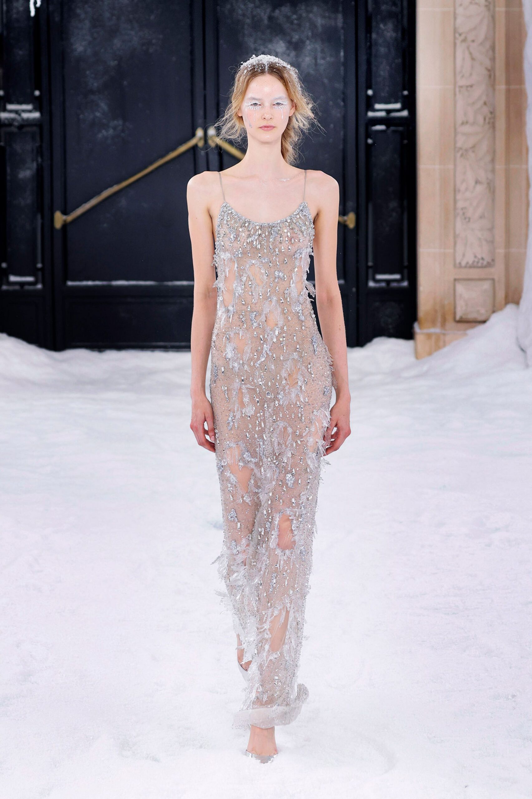 clear silver embroidered gown