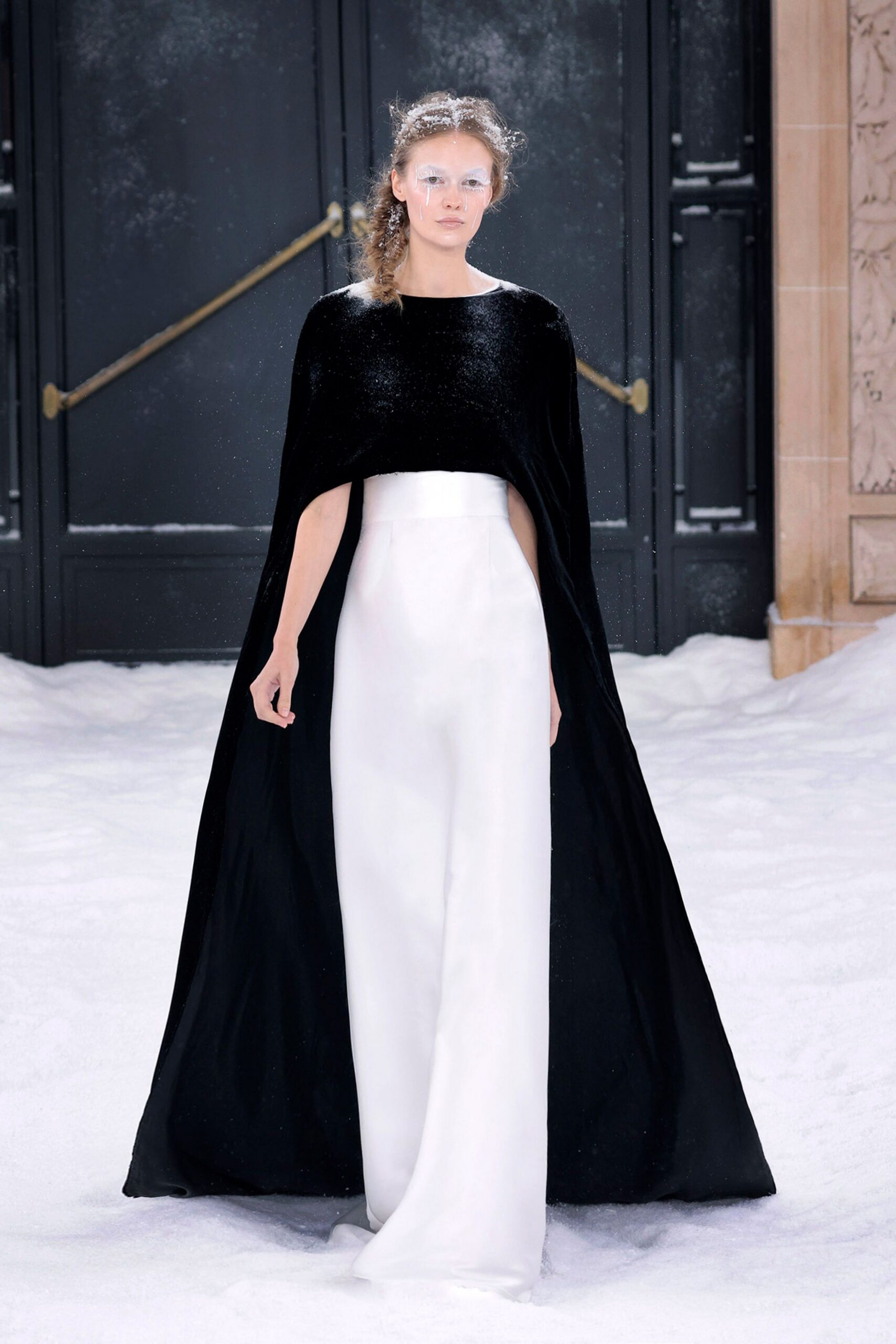 white silk sleeveless high-neck fitted straight-leg maxi gown