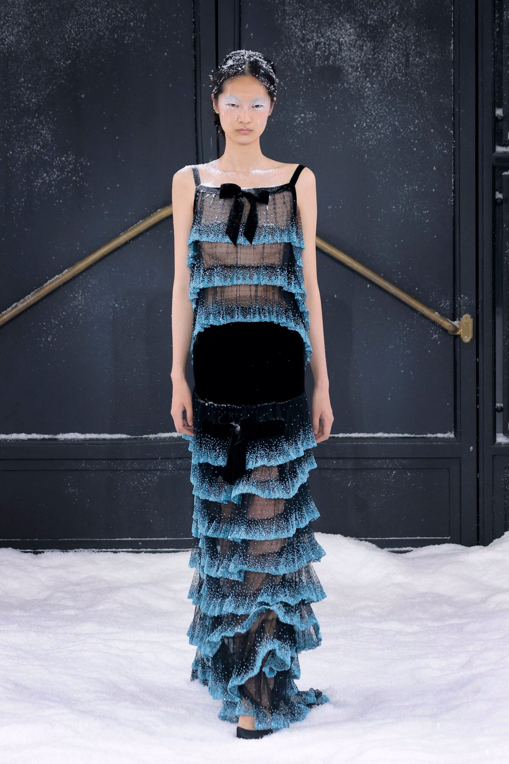 black silk sleeveless fitted layered ruffled sheer gown