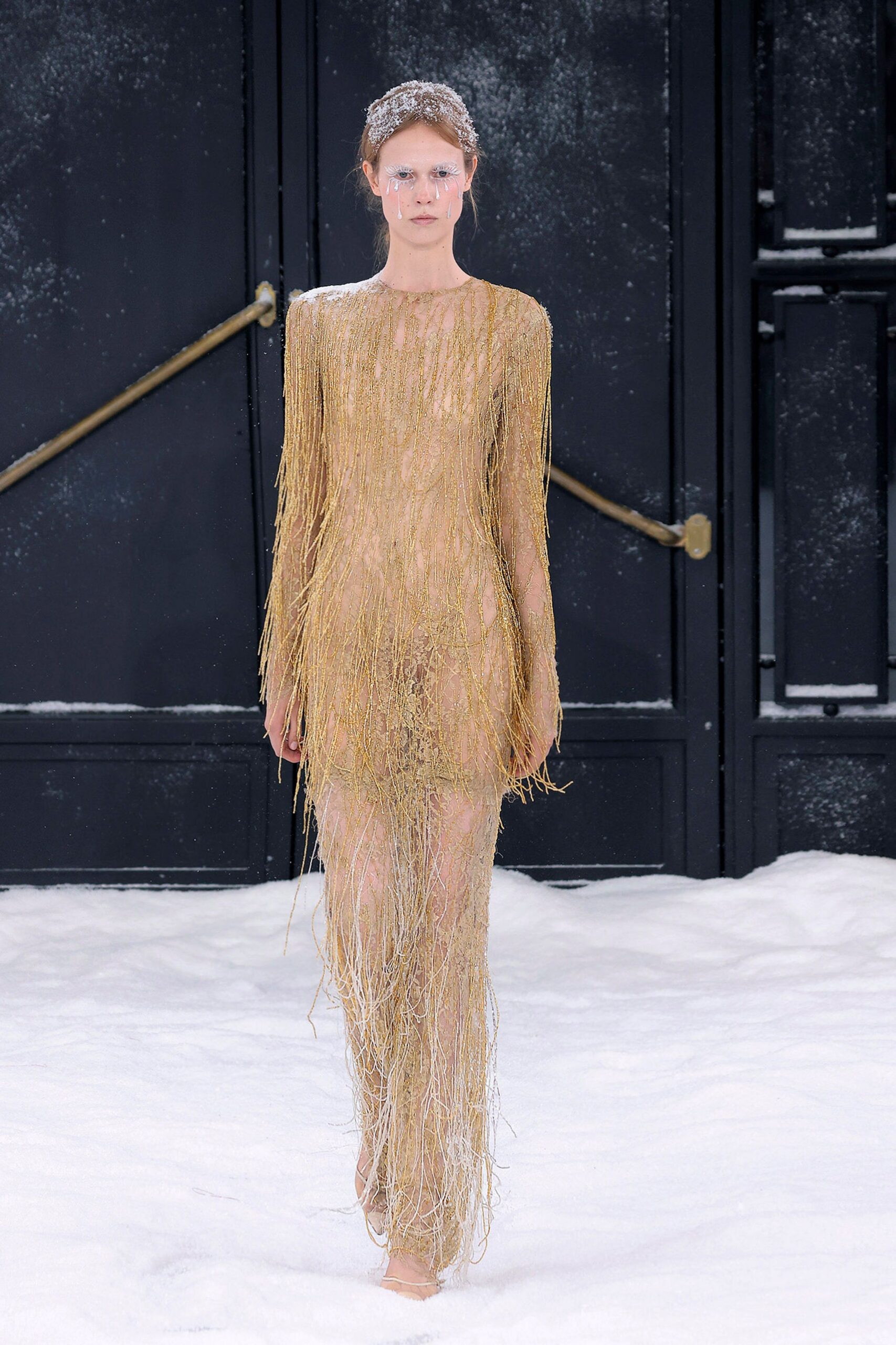 gold sheer fringed gown