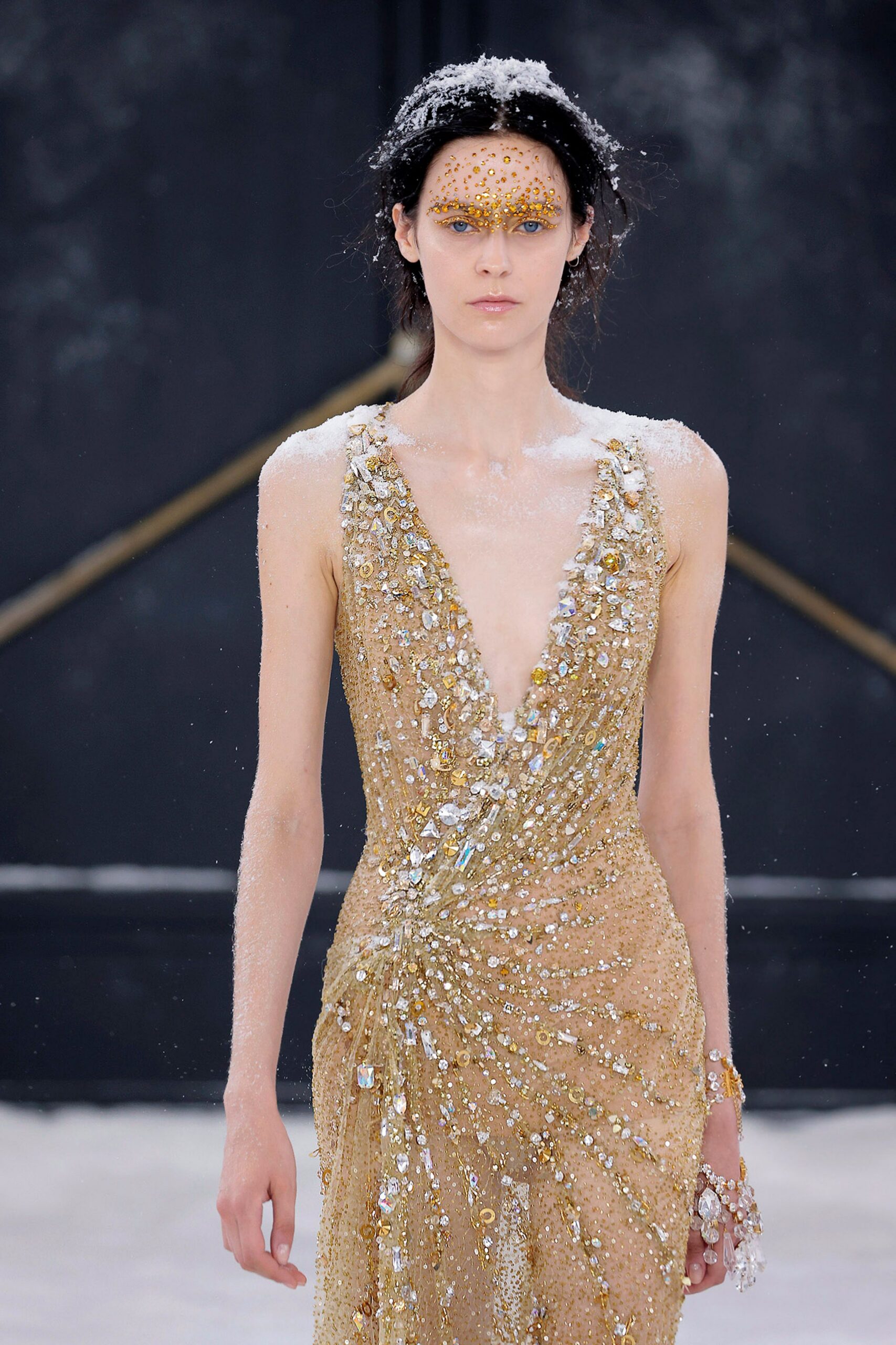 gold embellished sleeveless gown