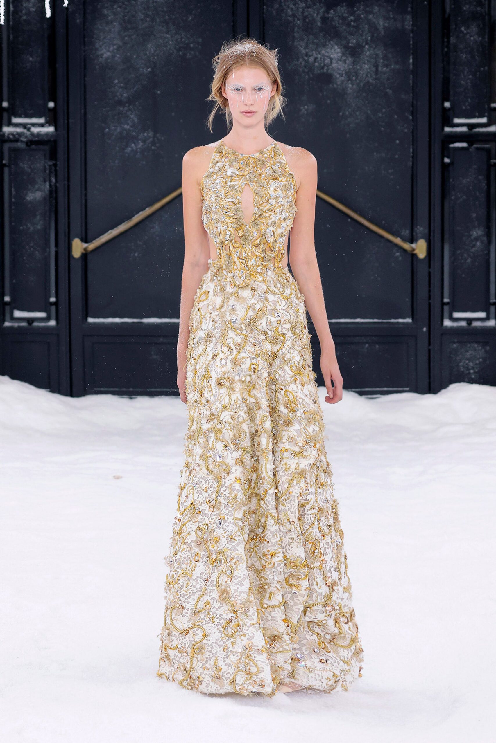gold embroidered sleeveless gown