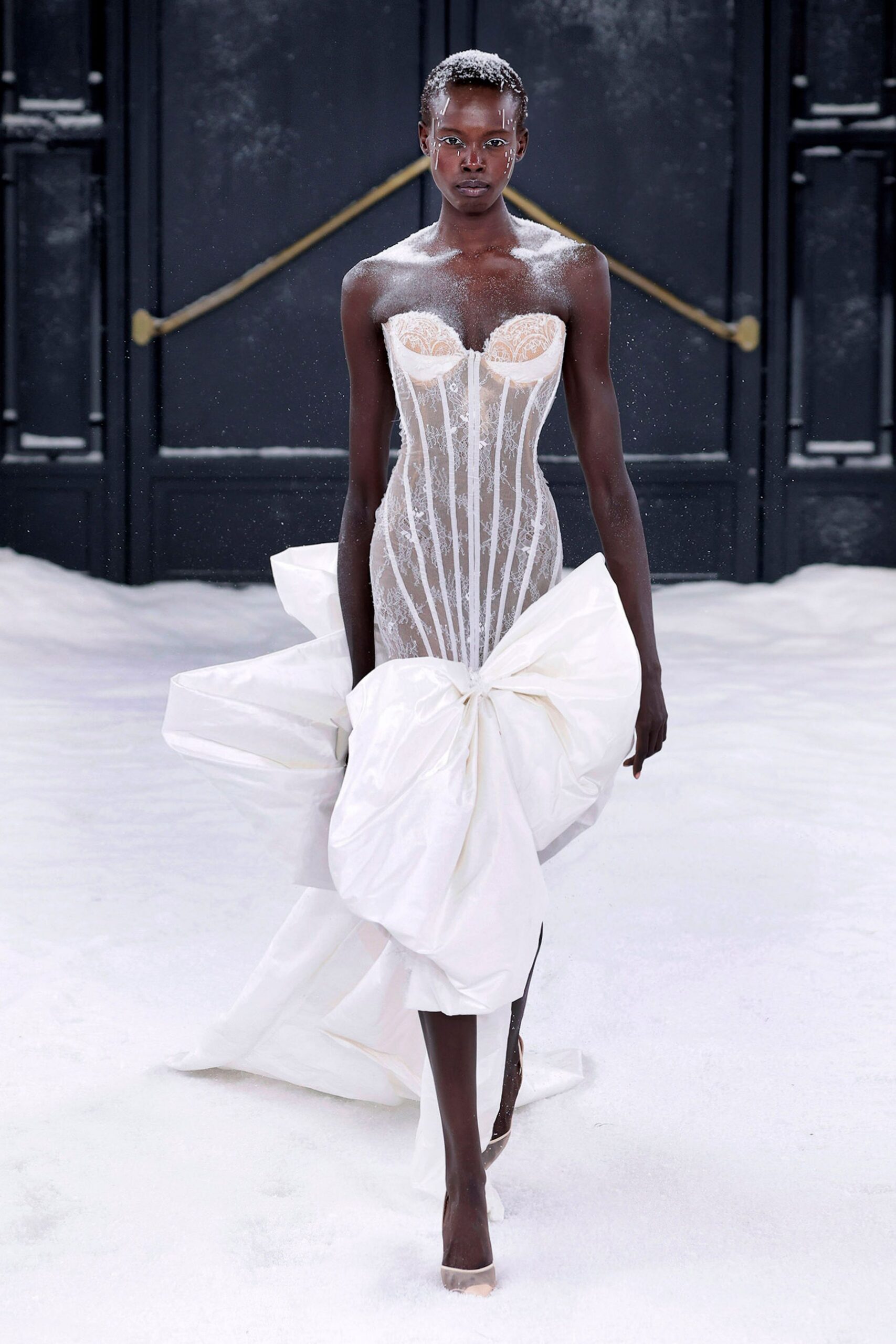 white silk strapless fitted pleated embellished sheer gown