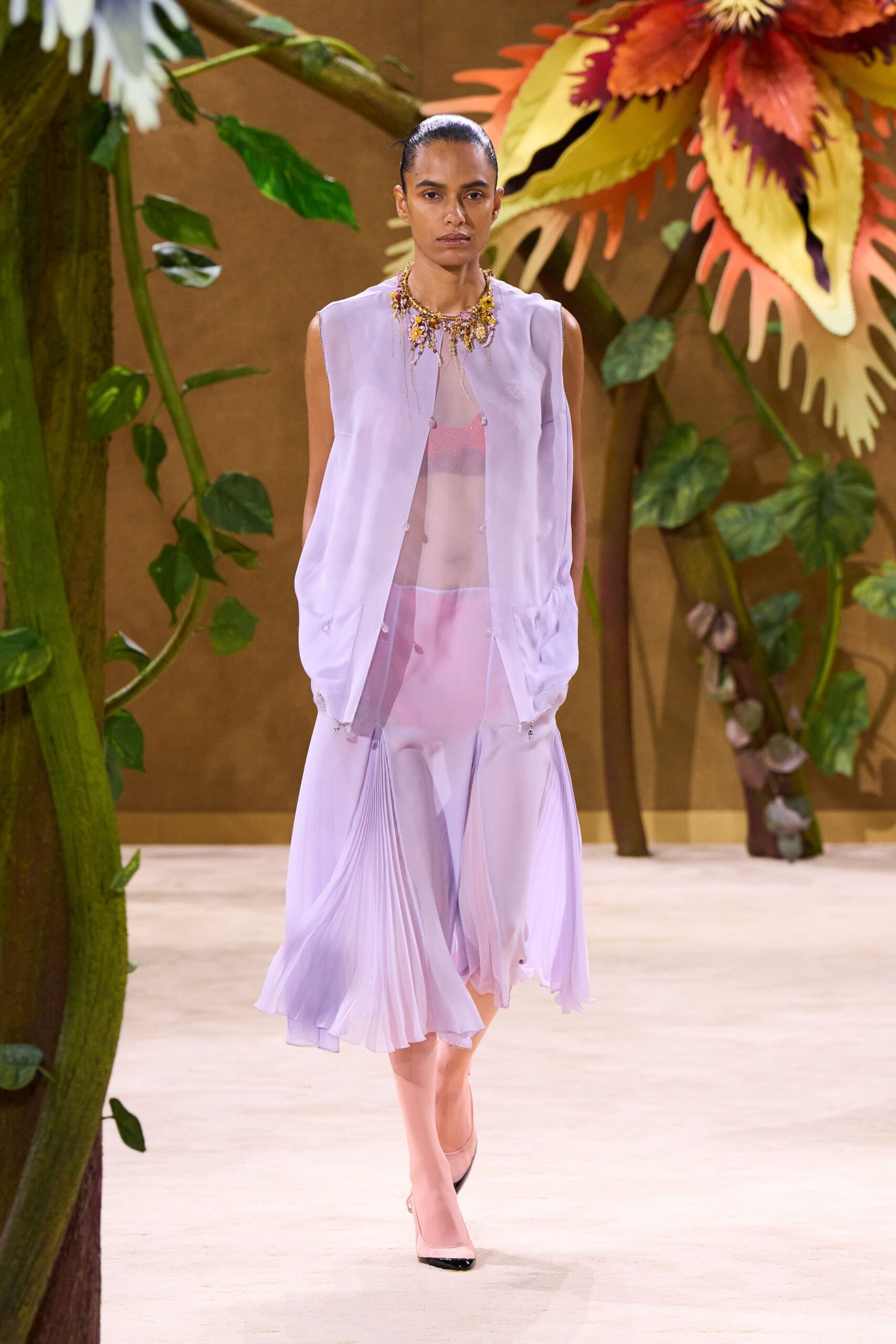 pink silk sleeveless v-neck fitted pleated layered dress