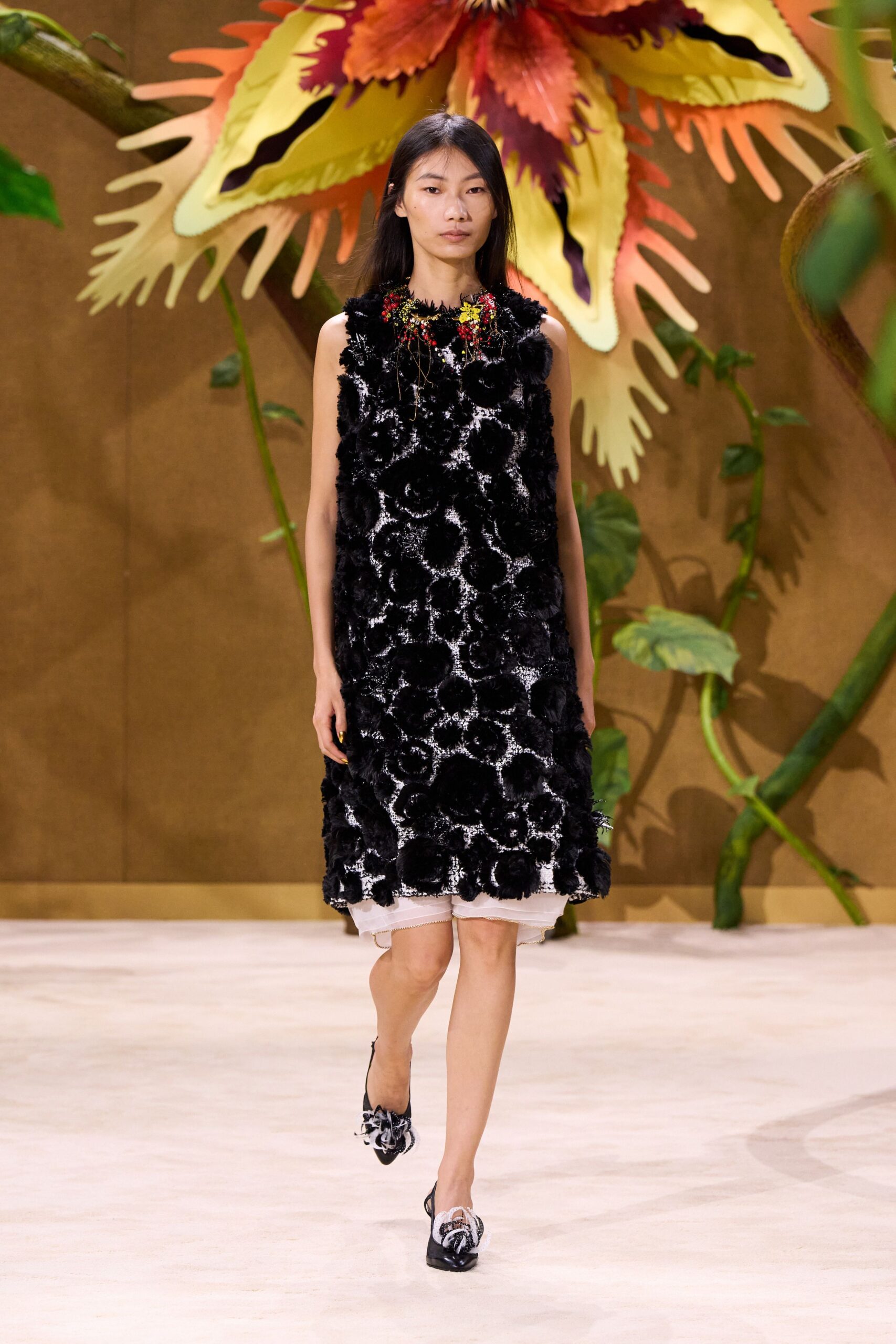 black silk sleeveless high-neck fitted embroidered mini dress